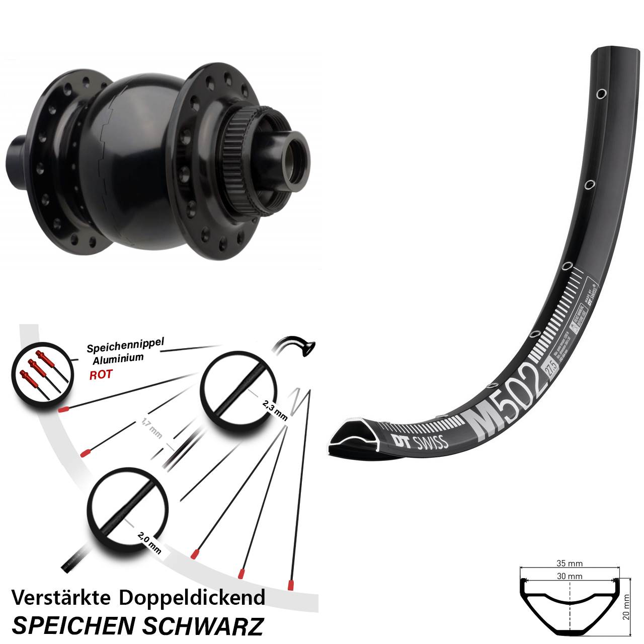 Vorderrad 27,5 Zoll DT Swiss M 502 SON 28 Boost Centerlock schwarz