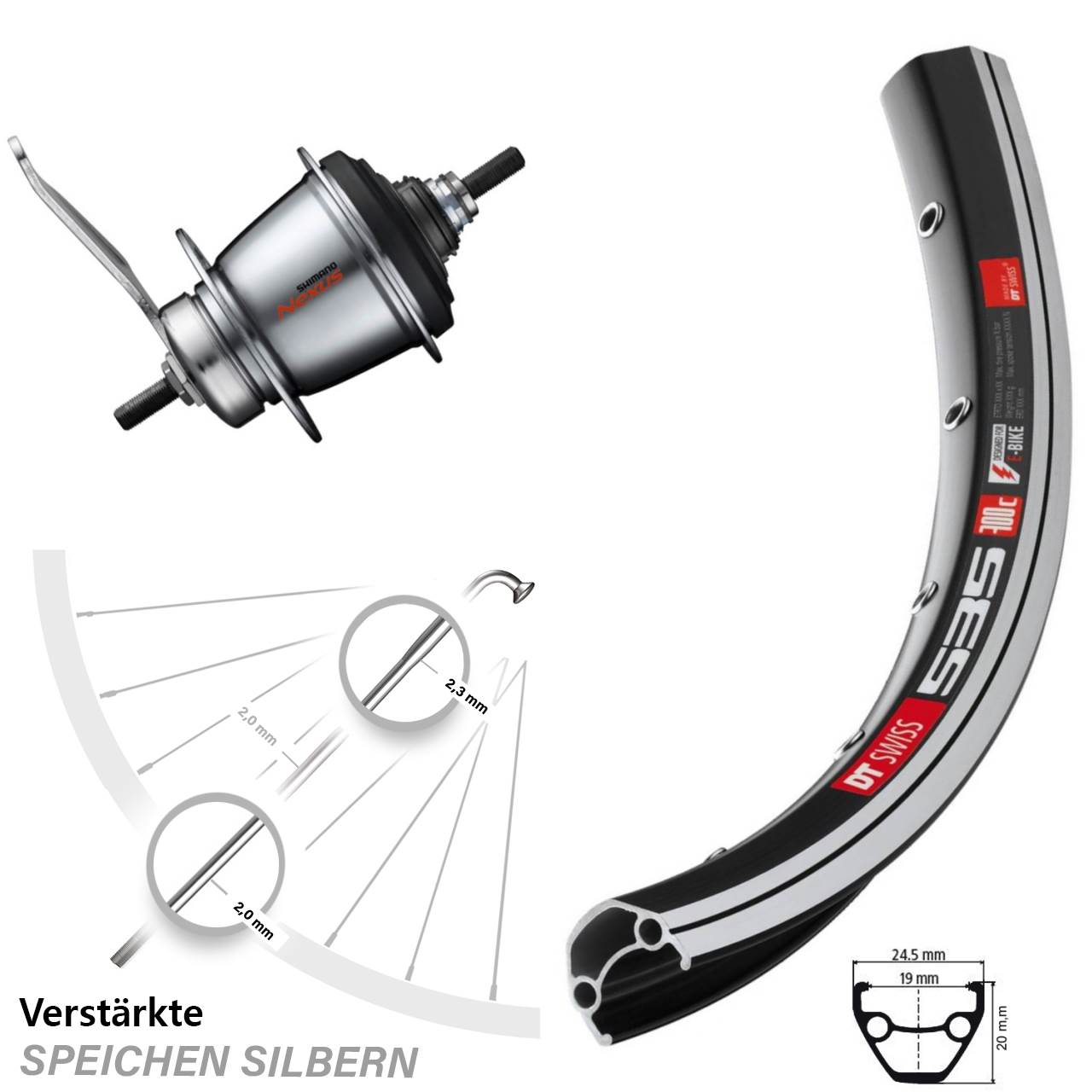 Hinterrad 26 Zoll DT Swiss Shimano 7 Gang Nabenschaltung mit Rücktrittbremse