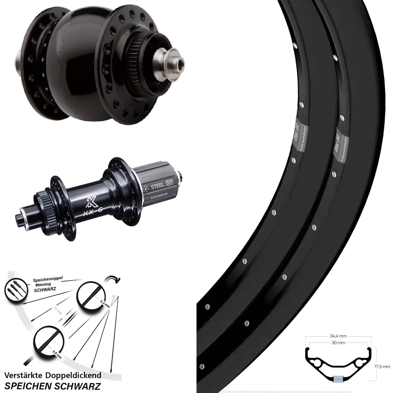 Laufrad-Satz für Schnellspanner 27,5 Zoll Ryde Disc 30 KX-GS verstärkt SON delux 8-12 fach