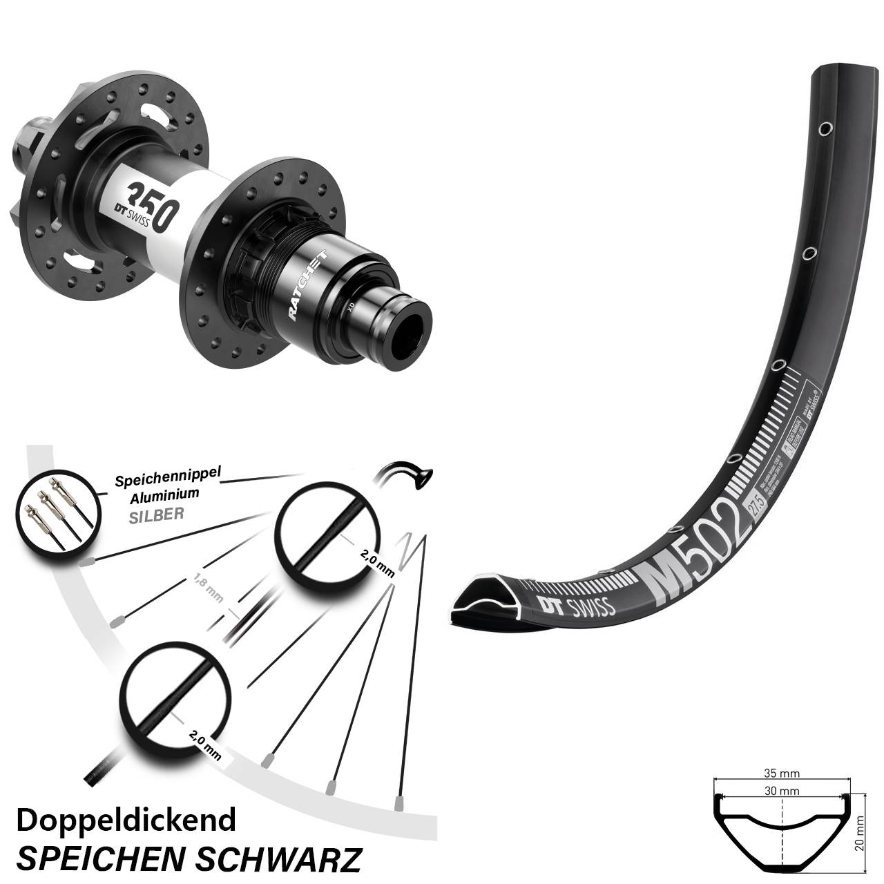 27,5 Zoll DT Swiss M502-350 Disc Laufrad 12x142 SRAM XD