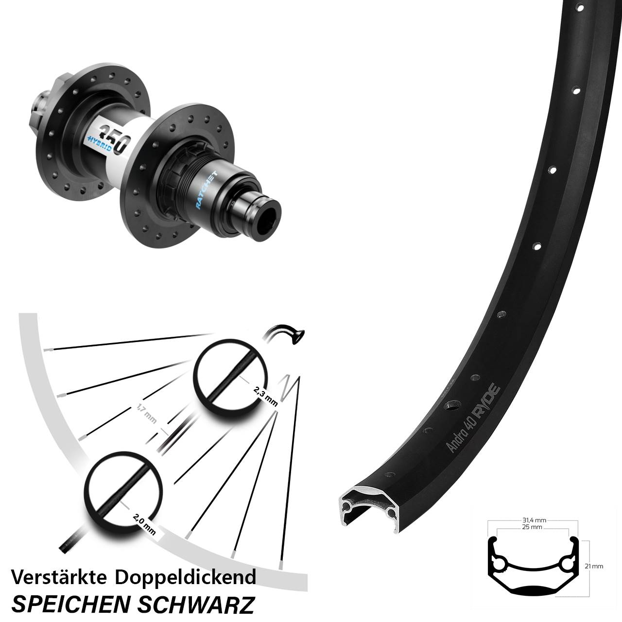 Hinterrad 6-Loch 20 Zoll Ryde Andra 40 DT Swiss 350 Hybrid XD 11-12 fach 12x148