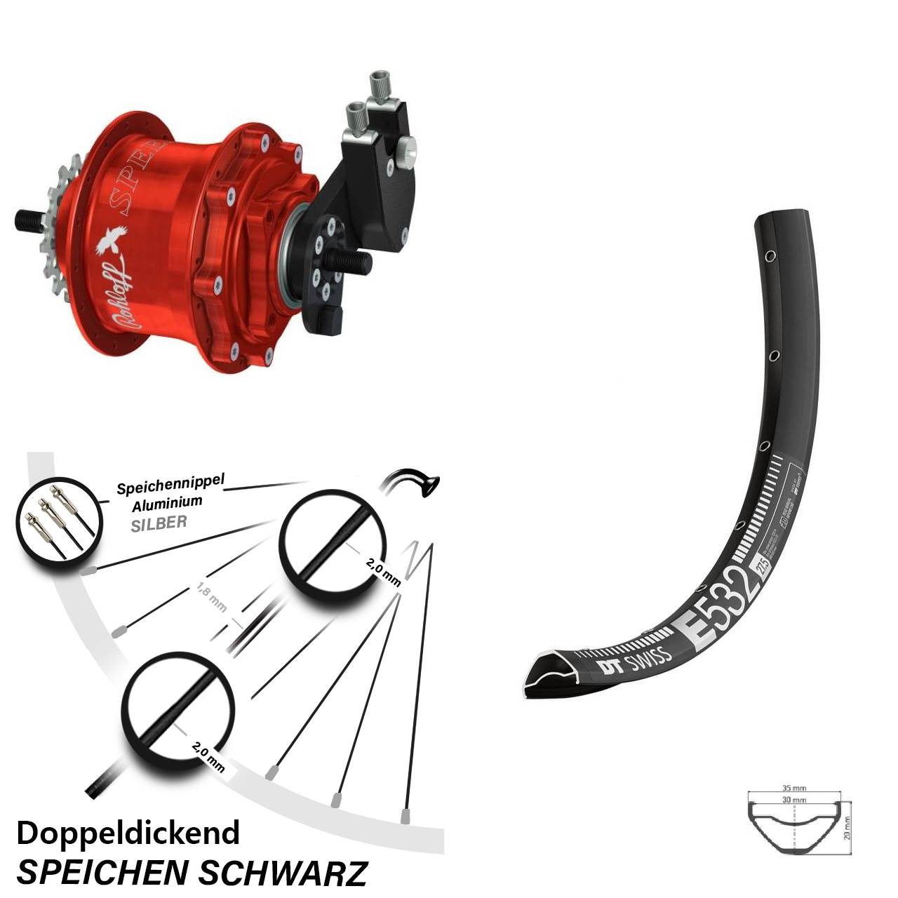 29 Zoll DT Swiss E 532 Rohloff 500/14 TS DB OEM Tandem rot