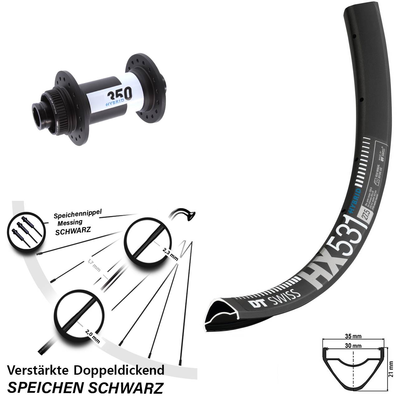 DT Swiss HX 531-350 Hybrid 27,5 Zoll Vorderrad Centerlock 15x110 Boost