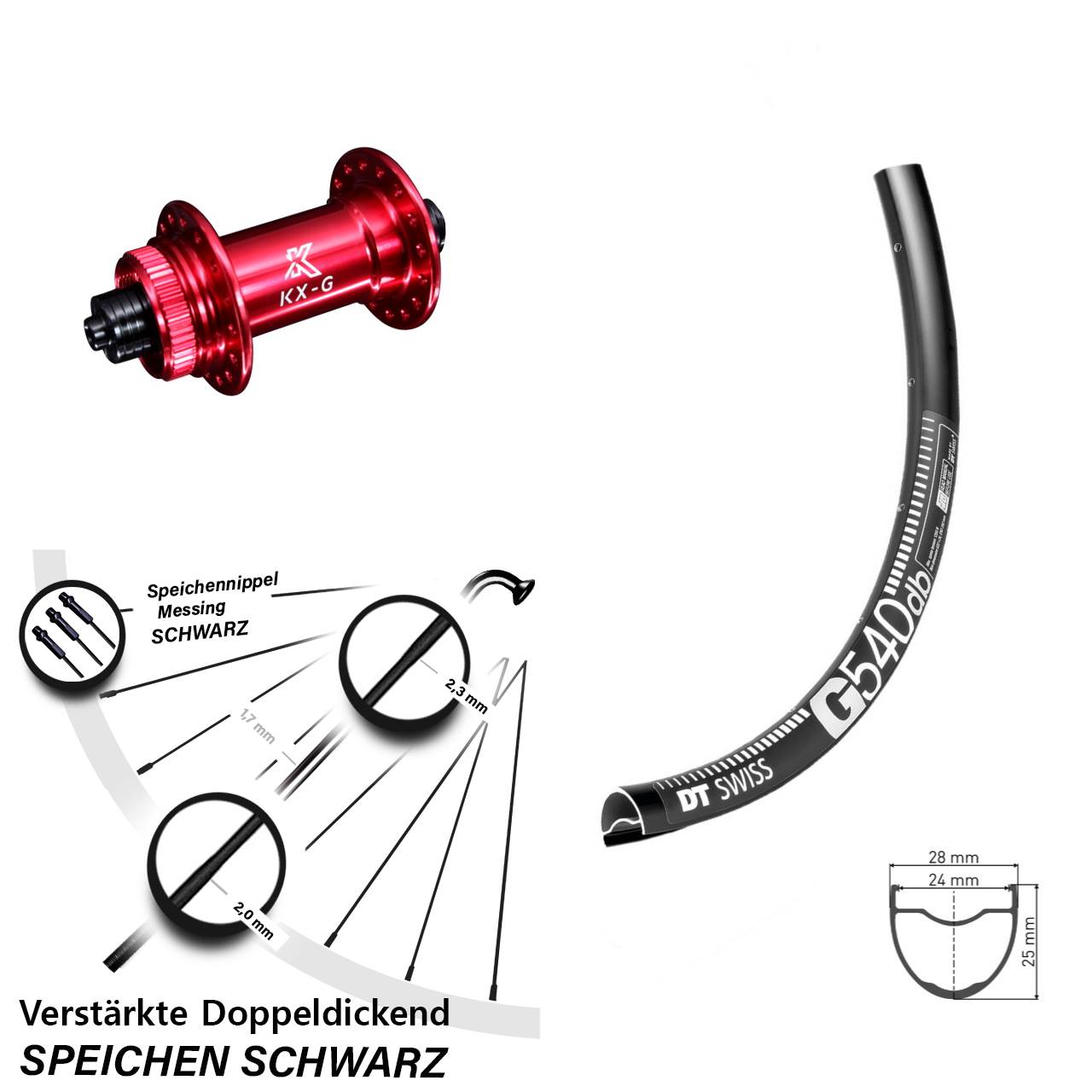 DT Swiss G540 Disc Gravel Vorderrad verstärkt KX-G rot 5x100