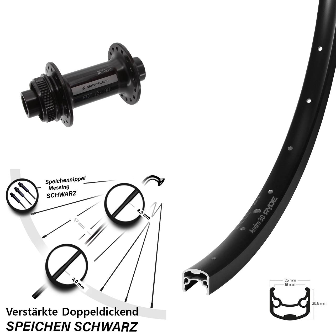 Centerlock Vorderrad 12x100 28 Zoll Ryde Andra 30 Disc DT Swiss 370