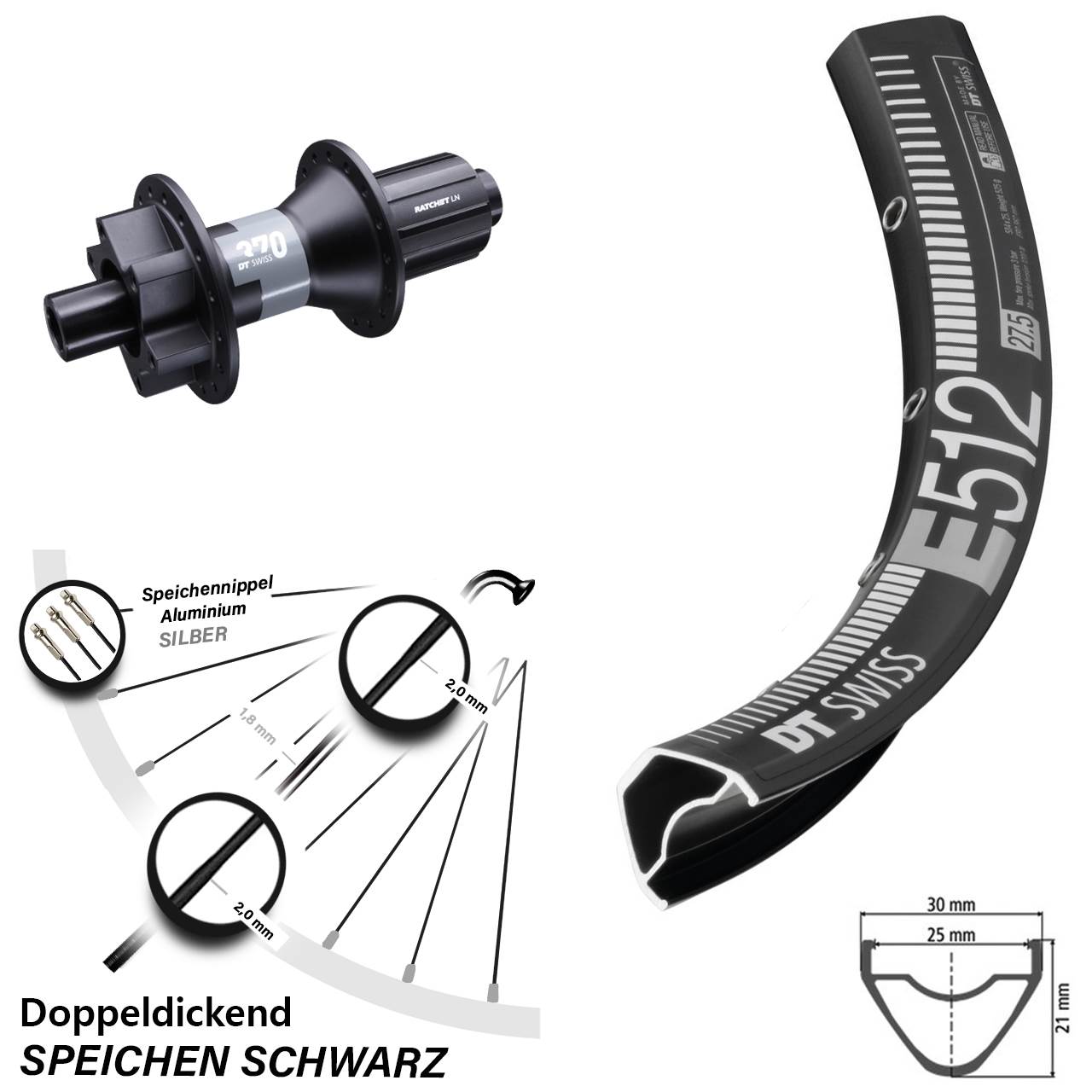 27,5 Zoll Hinterrad E 512 DT Swiss 370 Steckachse 12x142 mm 6-loch 11-fach