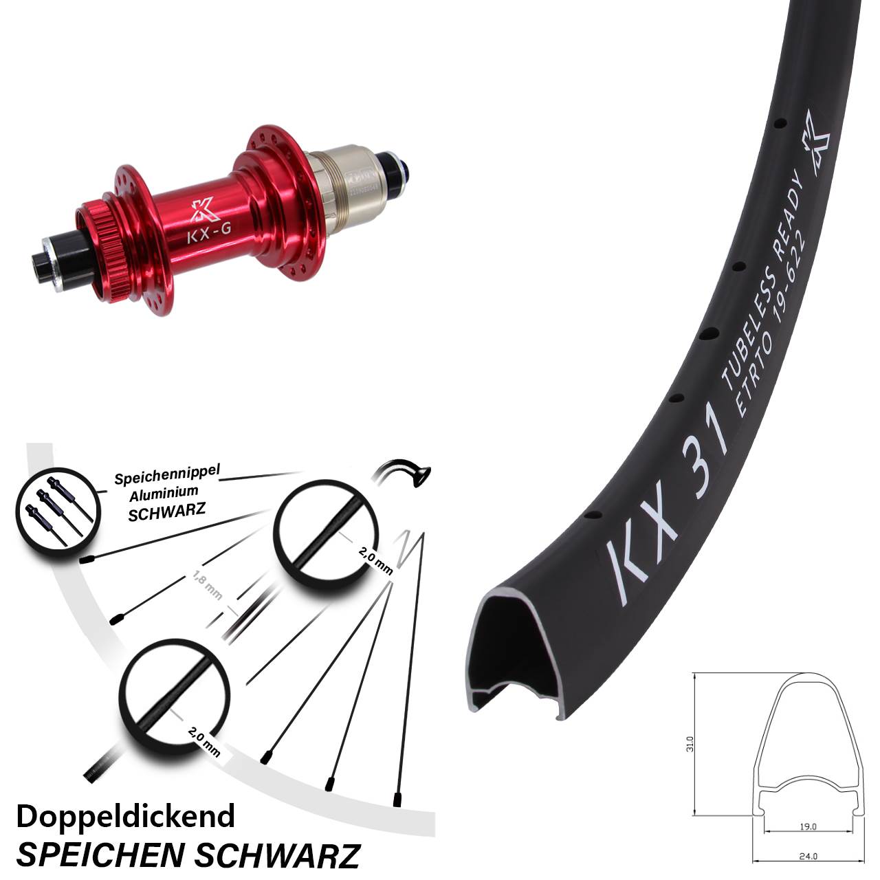 Disc Hinterrad 28 Zoll KX-G 31 rot XD-R für Schnellspanner