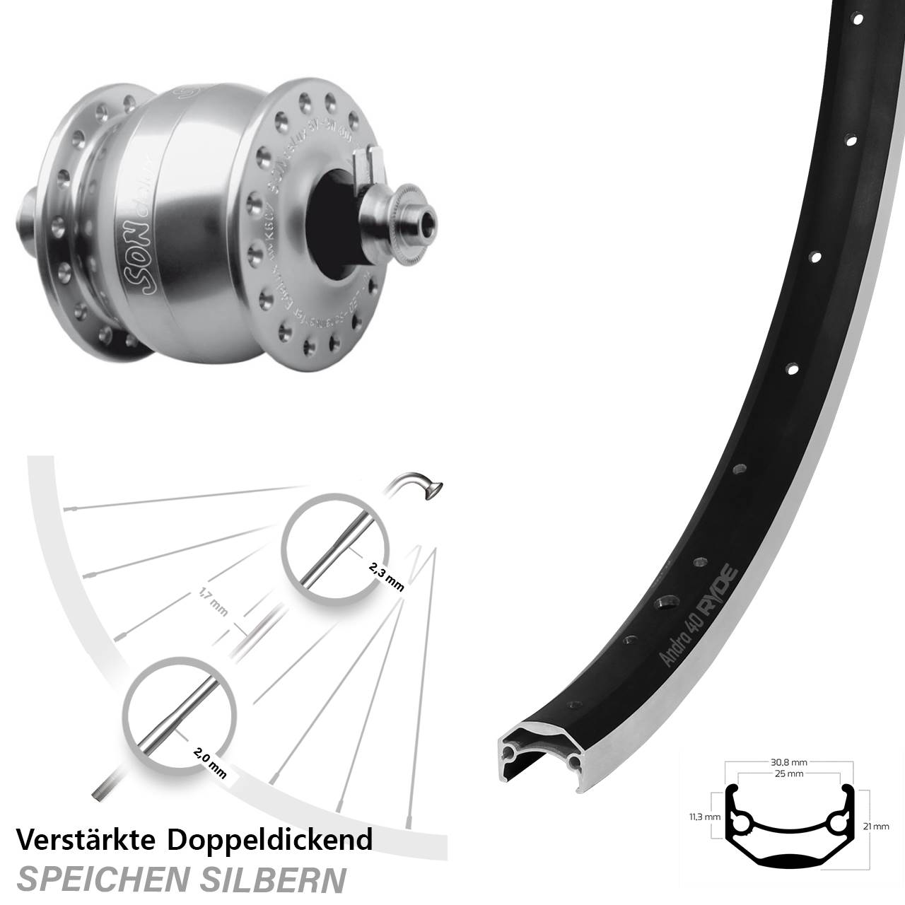 28 Zoll Ryde Andra 40 SON delux Dynamo-Vorderrad QR