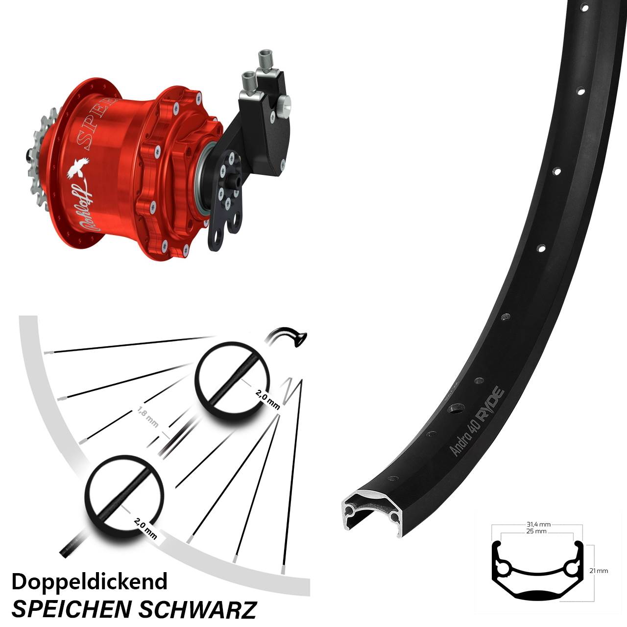 Hinterrad 27,5 Zoll Ryde Andra 40 Disc Rohloff Speedhub 500/14 CC DB Tandem rot