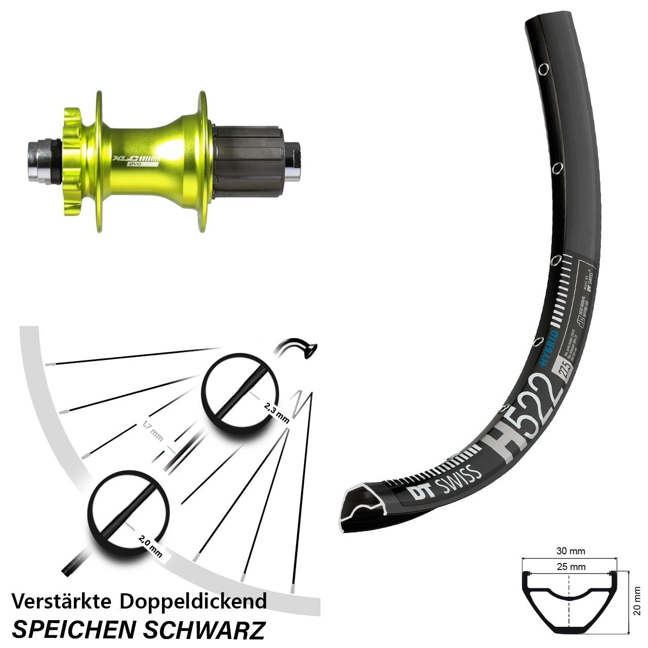 650B DT Swiss H 522 XLC Evo grün Hinterrad 6-Loch 12x142 8-11 fach