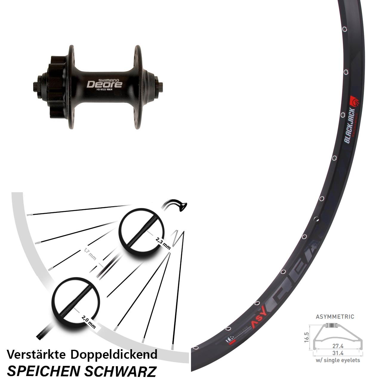 650B Rodi Ready 27 Shimano Deore Disc Laufrad für Schnellspanner schwarz