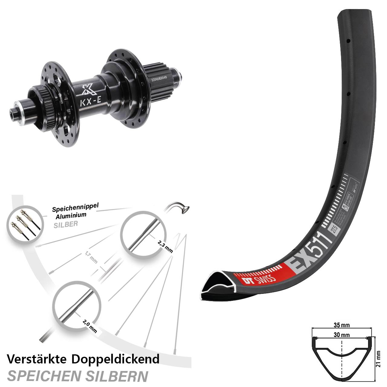29 Zoll DT Swiss EX511 KX-E Hinterrad Centerlock für Schnellspanner Boost Micro Spline