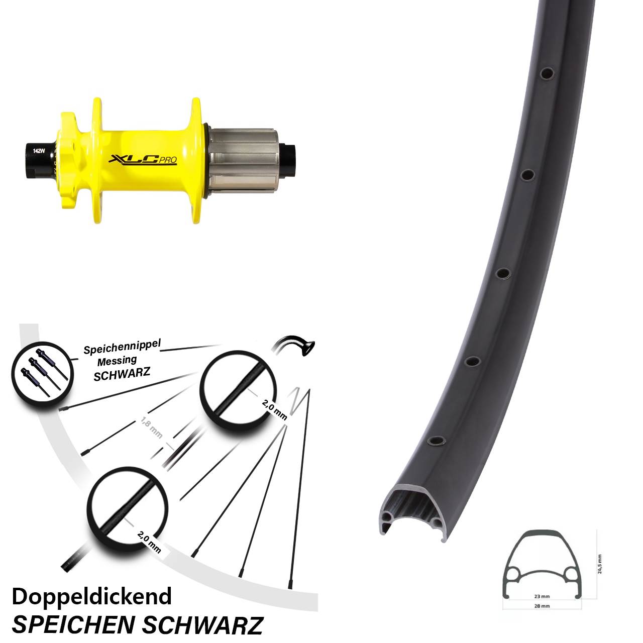 6-Loch Hinterrad 28 Zoll Ambrosio Sport XLC gelb 8-11 fach HG 12x142