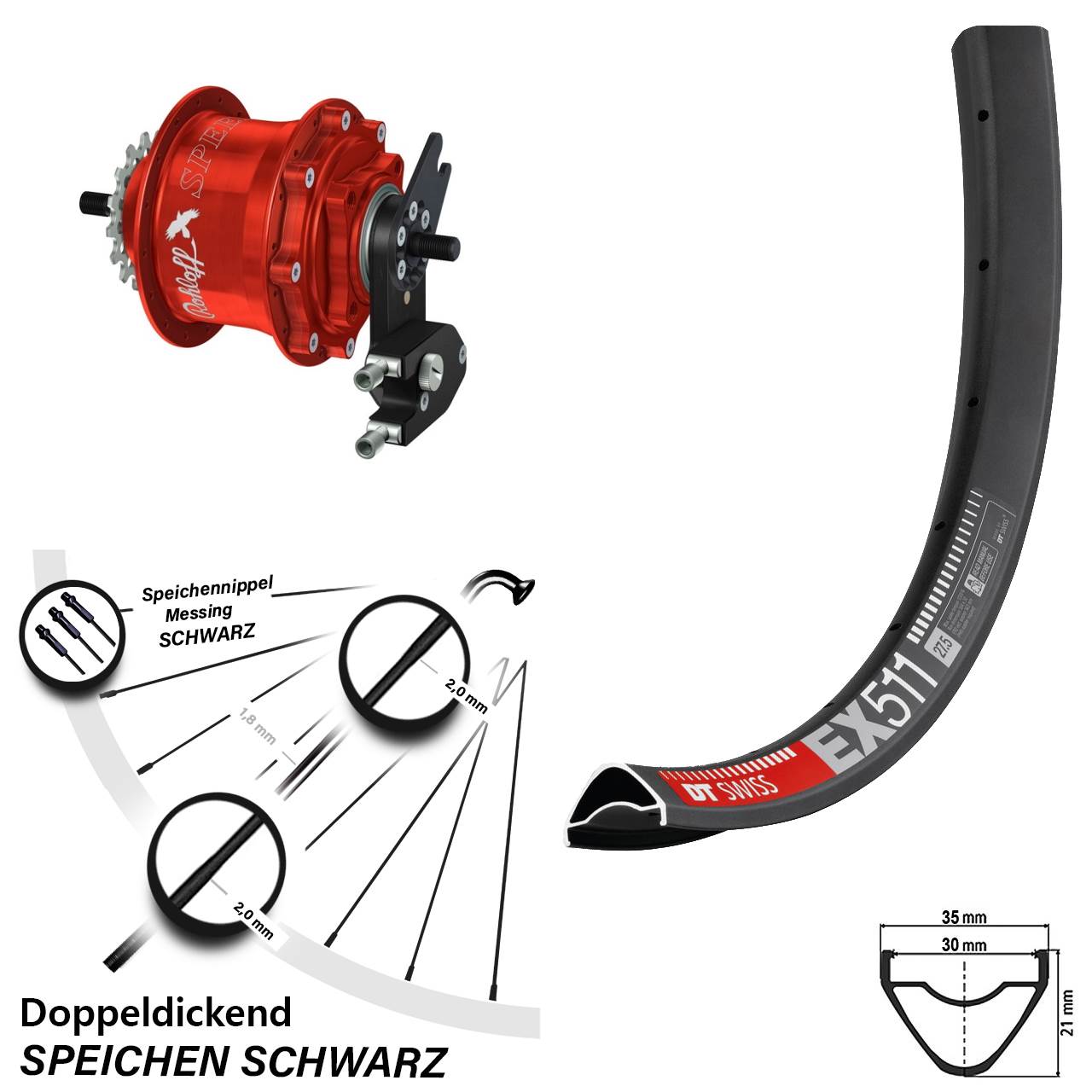 DT Swiss EX511 Rohloff TS DB OEM2 Tandem rot 27,5 Zoll Disc Hinterrrad