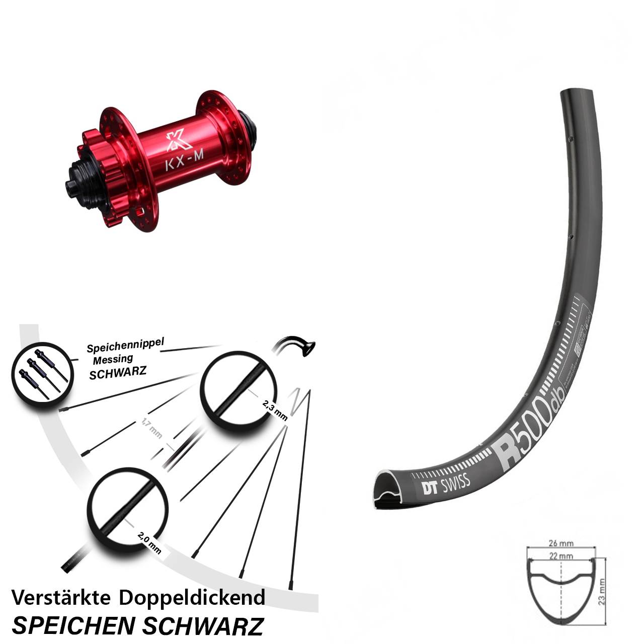 Disc Laufrad 29 Zoll DT Swiss R500 KX-M rot für Schnellspanner