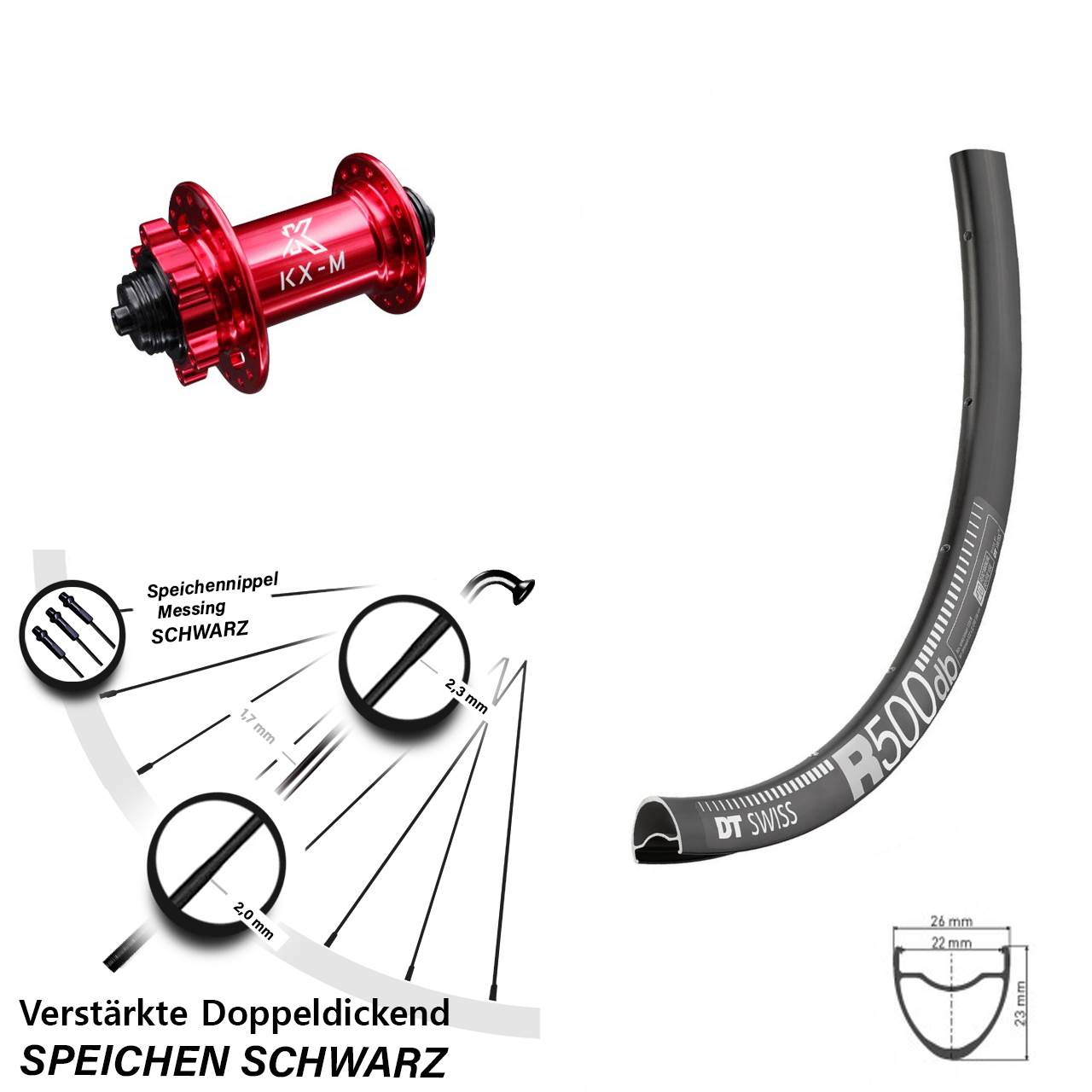 Disc Laufrad 29 Zoll DT Swiss R500 KX-M rot für Schnellspanner