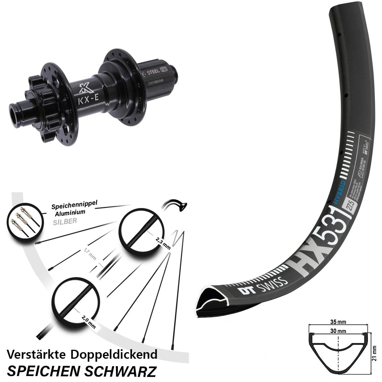 Disc Hinterrad 29 Zoll DT Swiss HX 531 KX-E Stahl Freilauf 8-12 fach HG 12x148 Boost