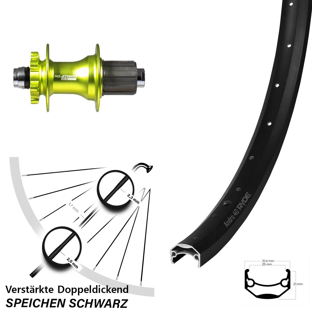 Disc Laufrad 26 Zoll Ryde Andra 40 XLC grün 8-11 fach 12x142