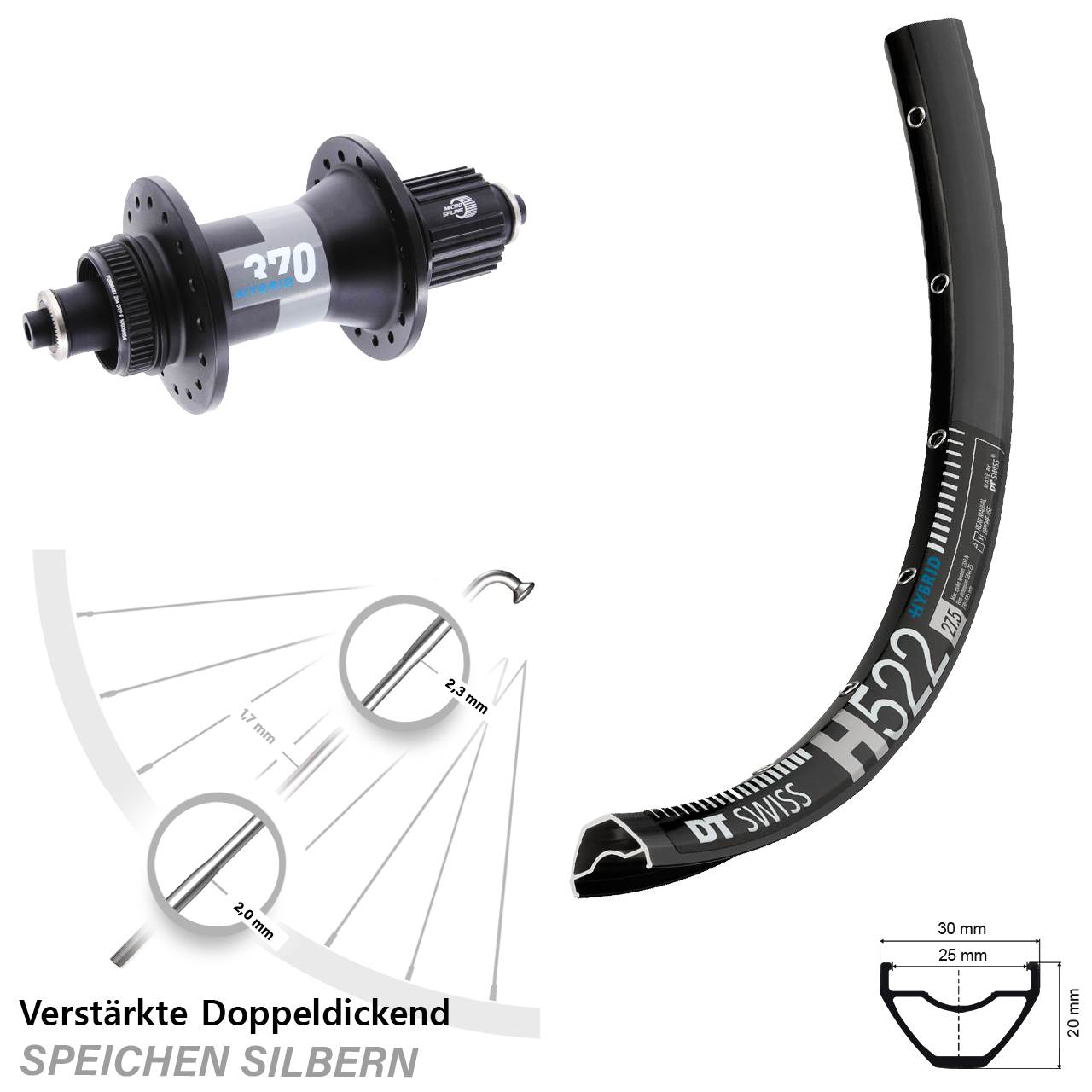 28-29 Zoll DT Swiss H 522-370 Hybrid Centerlock Hinterrad Micro Spline