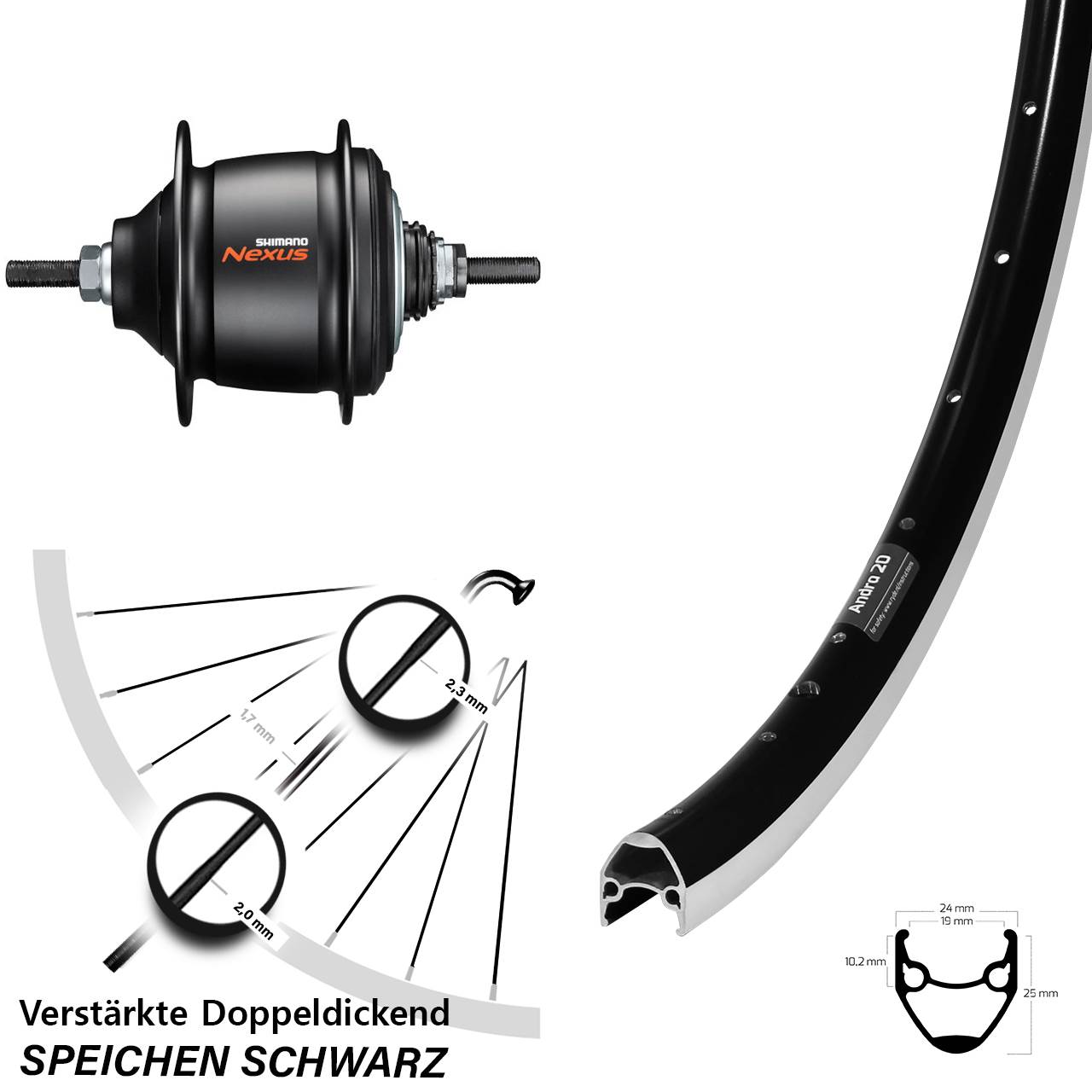 28 Zoll Ryde Andra 20 Shimano Nexus 8 Gang Freilauf Hinterrad schwarz