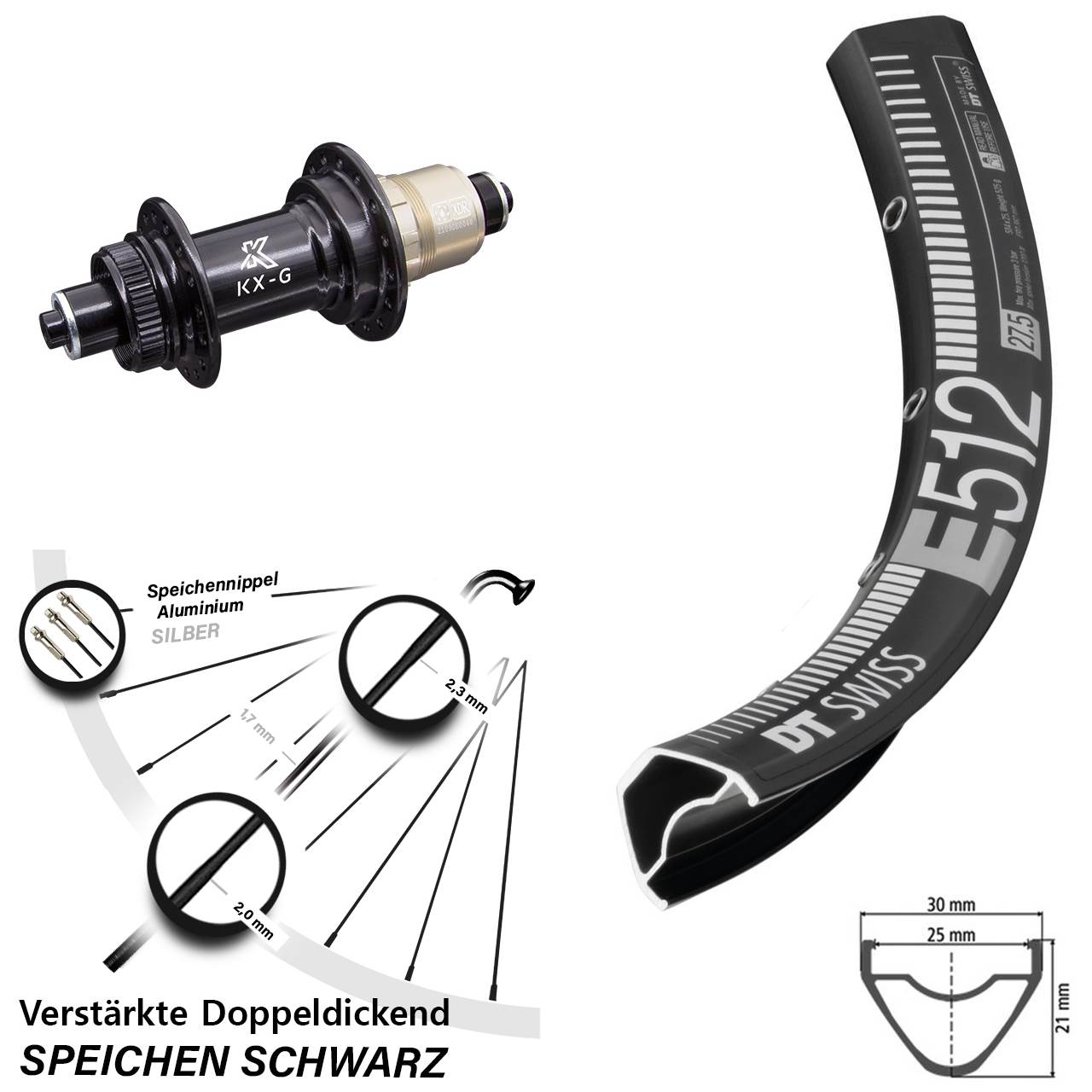 DT Swiss E512 KX-G 27,5 Zoll Disc Laufrad QR SRAM XDR