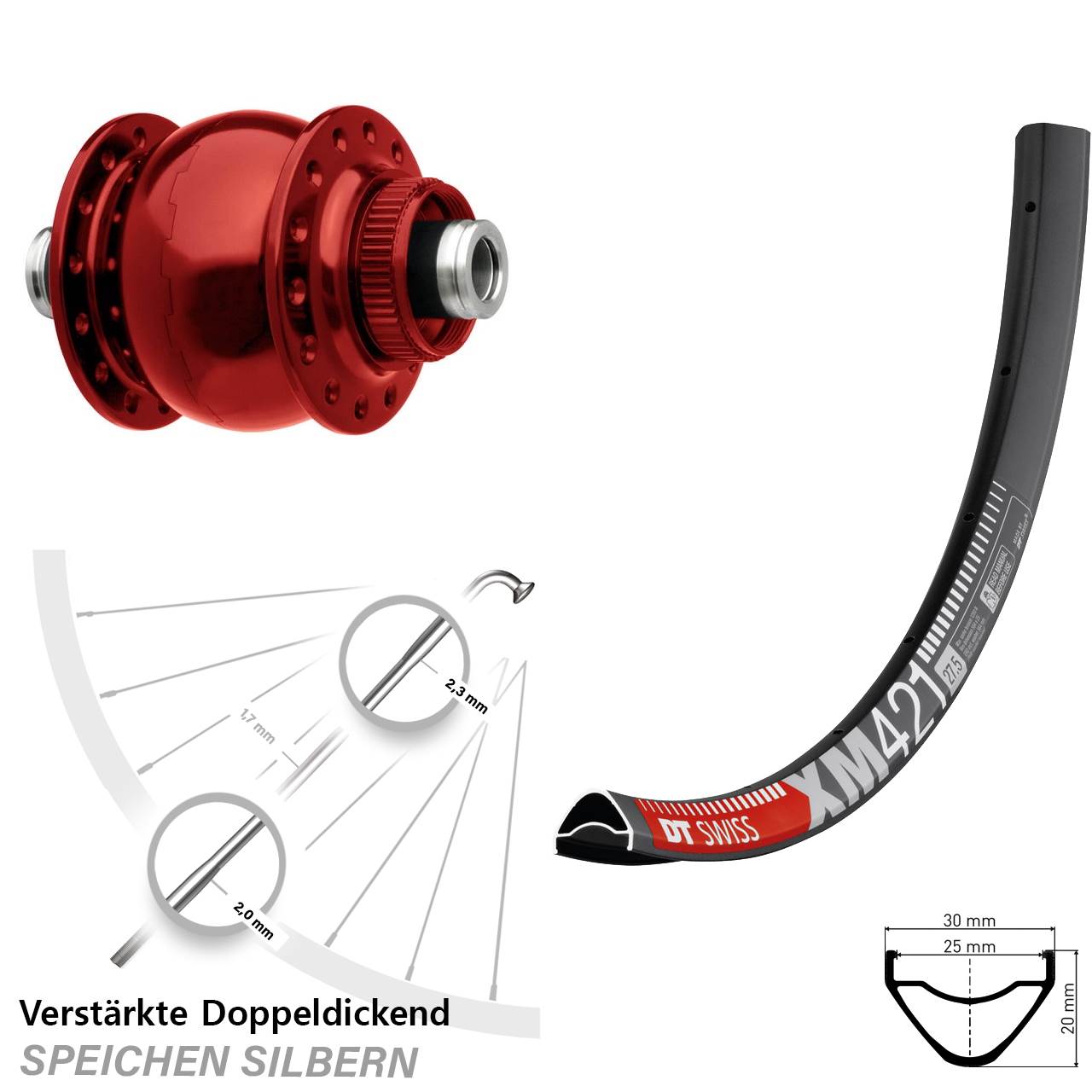 29 Zoll DT Swiss XM 421 SON 28 rot Dynamo-Vorderrad Centerlock 12x100
