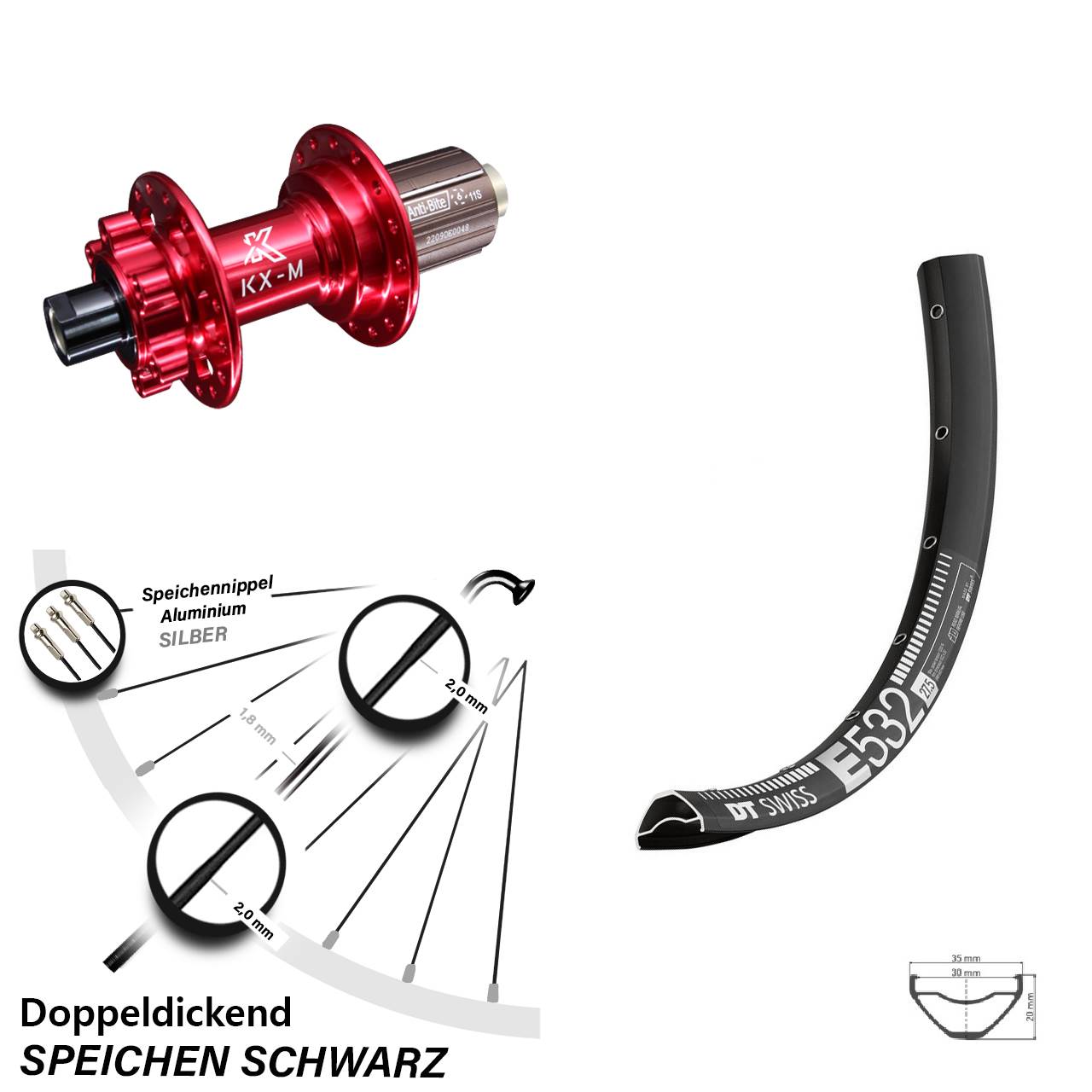 DT Swiss E 532 -Hinterrad 29 Zoll MTB Enduro Nabe 6-loch KX-M rot 12x142 mm 11-fach