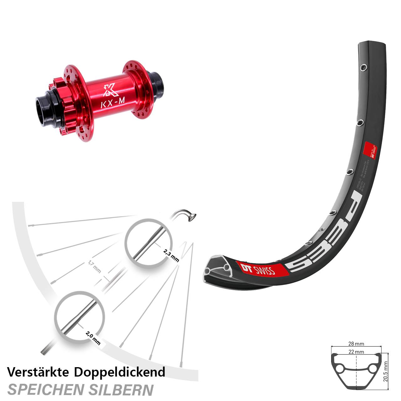6-Loch Vorderrad 29 Zoll DT Swiss 533d KX-M rot 20x110 non Boost