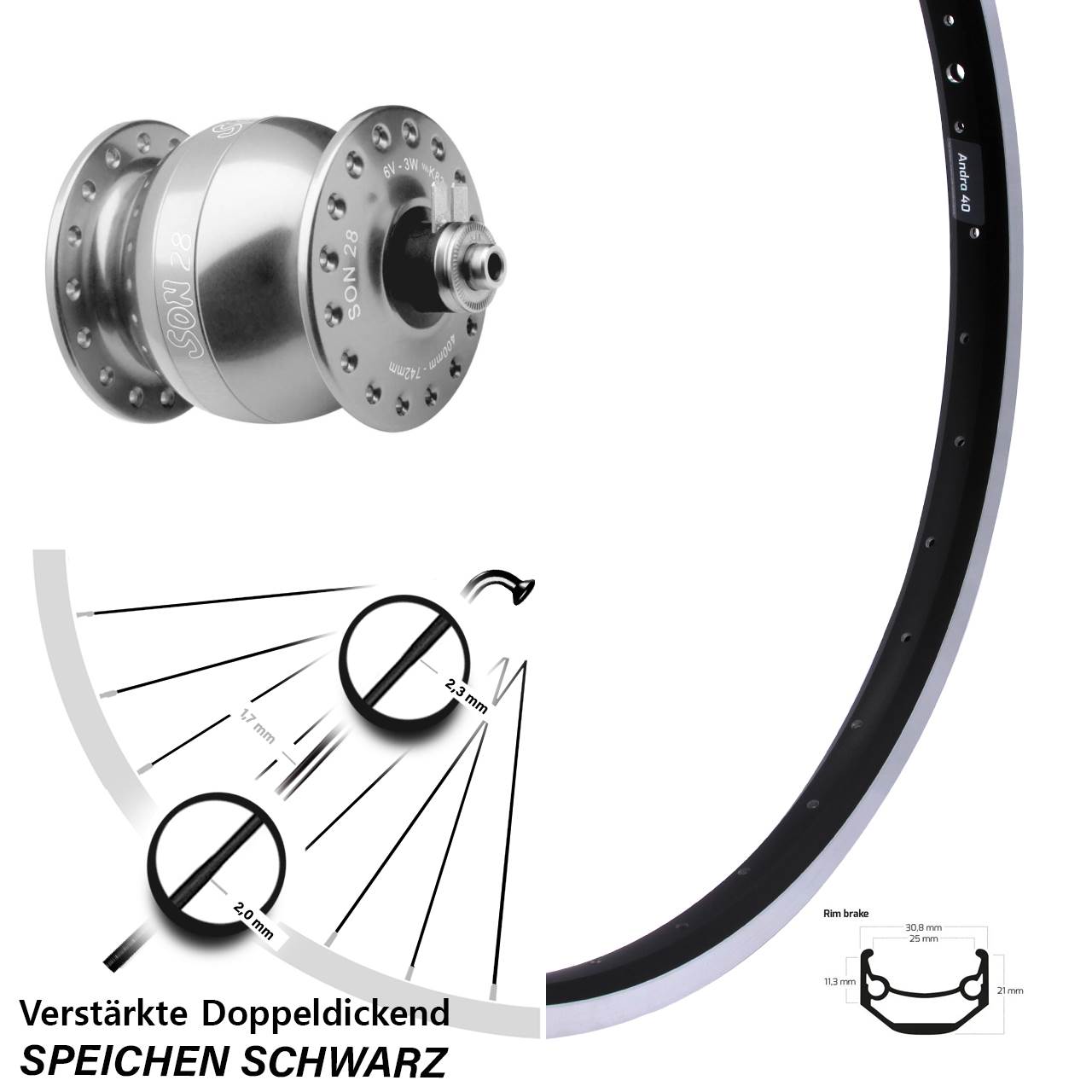 26 Zoll Ryde Andra 40 SON 28 Vorderrad mit Nabendynamo QR