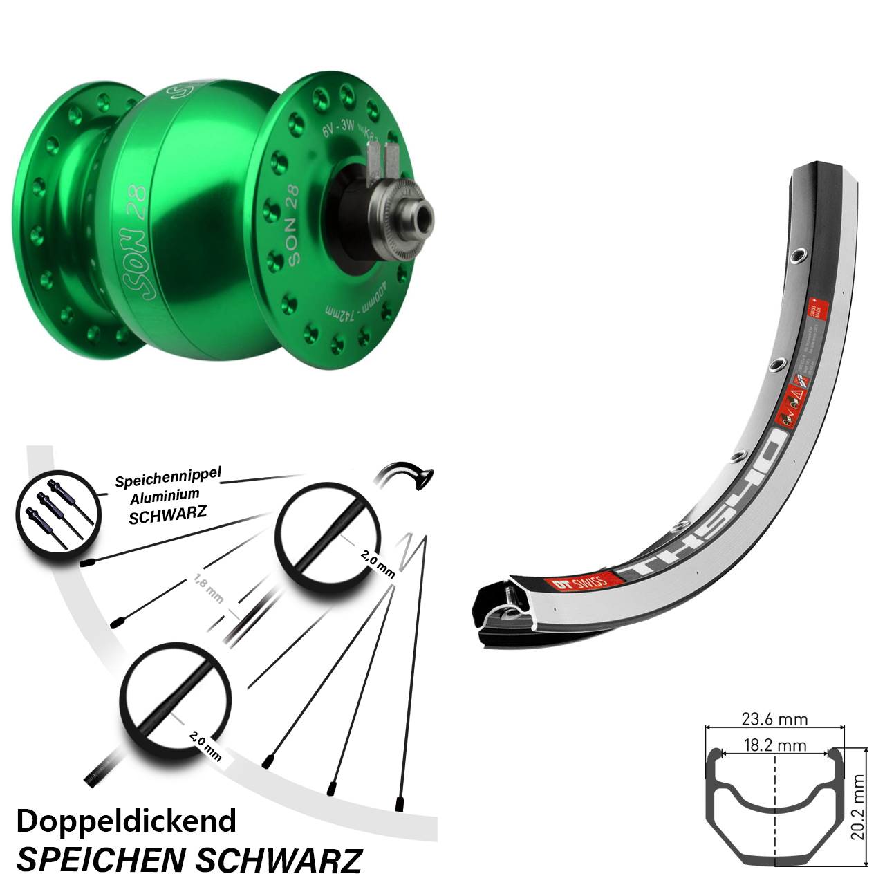 Vorderrad Fahrrad Son 28 Zoll DT Swiss TK 540 grüner Nabendynamo