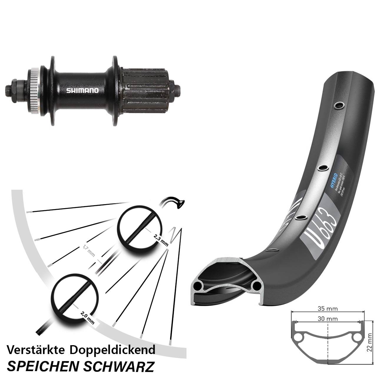 20 Zoll DT Swiss U663 Shimano FH-UR600 Hinterrad Centerlock QR 8-12 fach HG