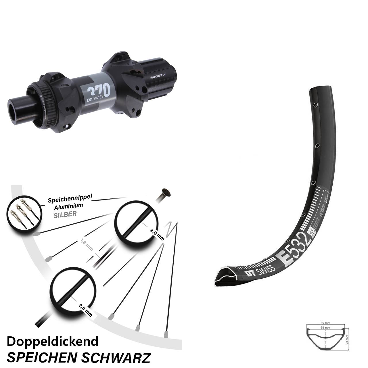 Hinterrad Centerlock 12x148 27,5 Zoll DT Swiss E 532 370 Straightpull 8-11 fach
