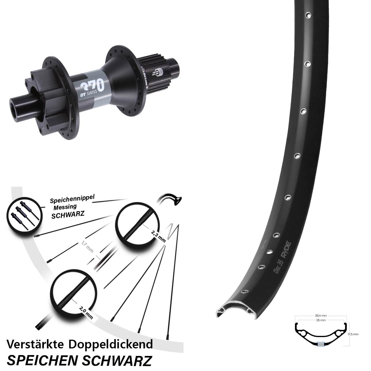 Hinterrad 12x148 Boost 29 Zoll Ryde Disc 35 DT Swiss 370 Shimano Micro Spline