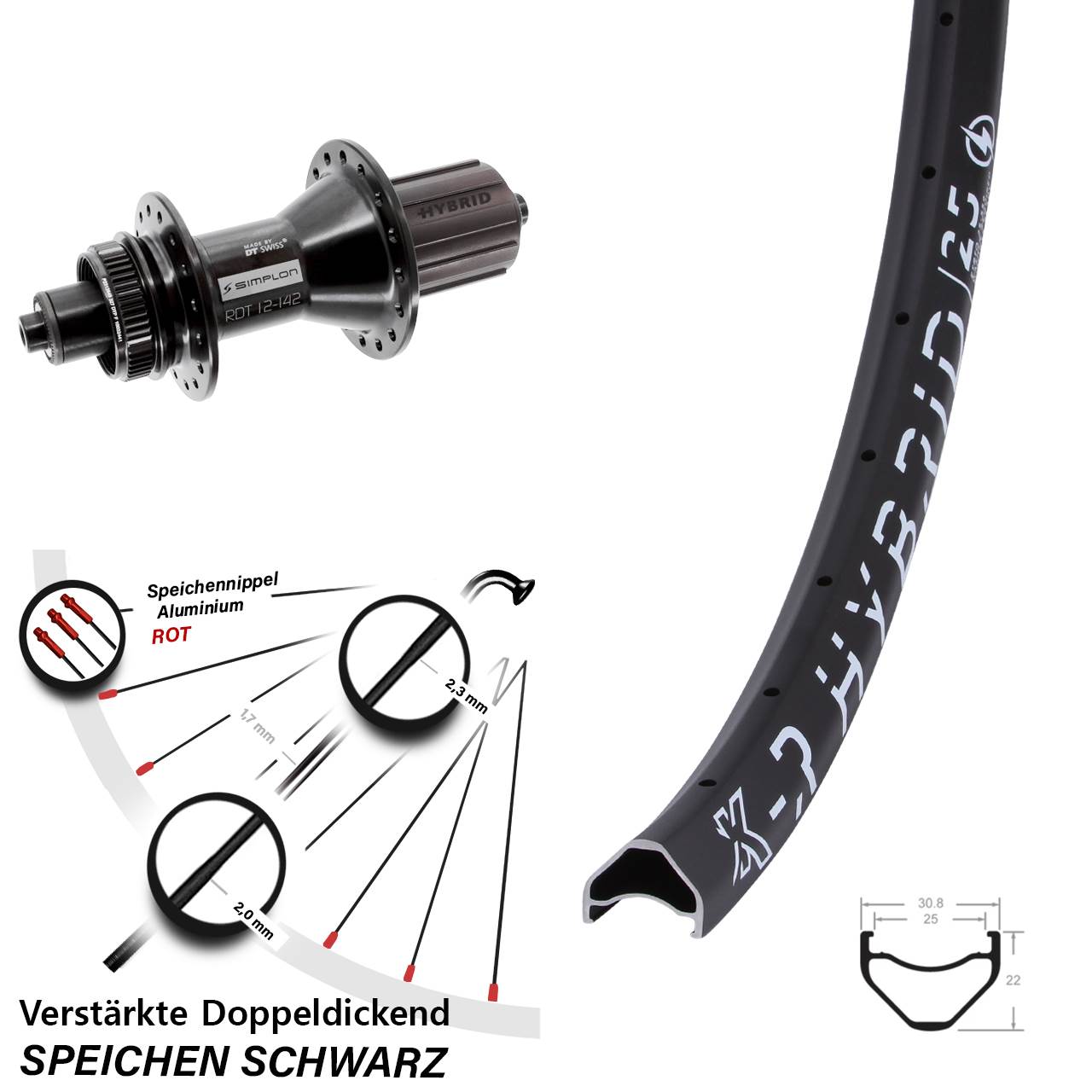 KX-R Hybrid 25 DT Swiss 370 26 Zoll Centerlock Hinterrad QR 8-11 fach HG