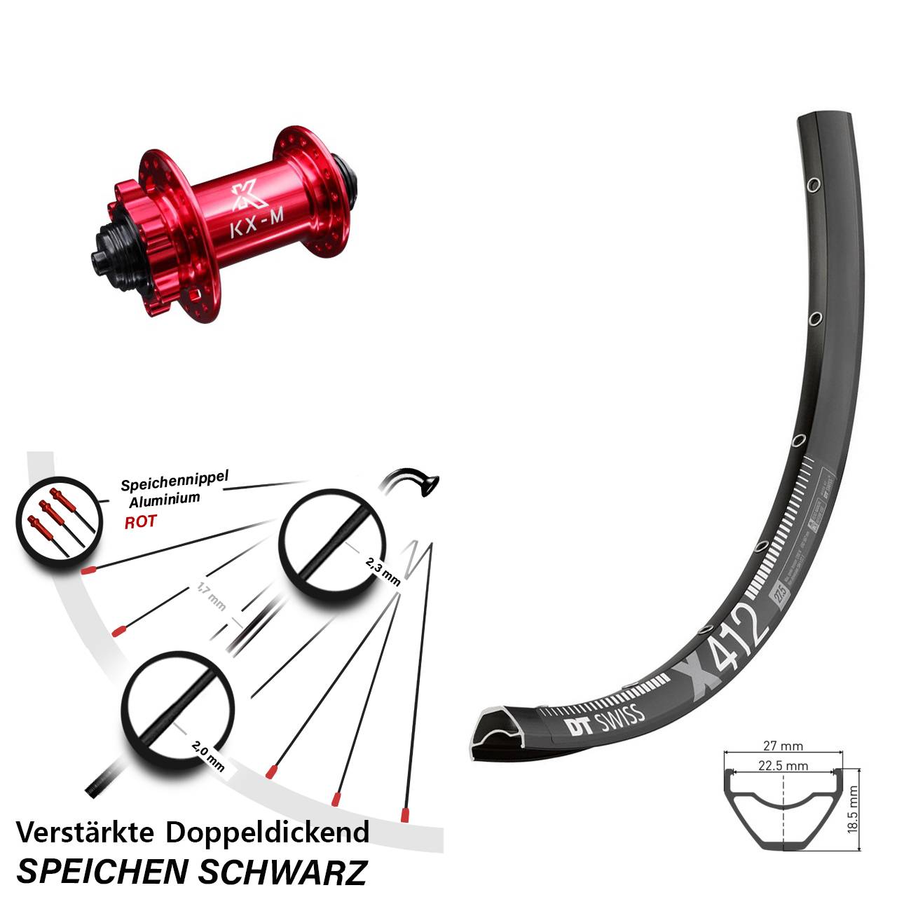 Disc 29 Zoll Vorderrad DT Swiss X 412 KX-M rot für Schnellspanner