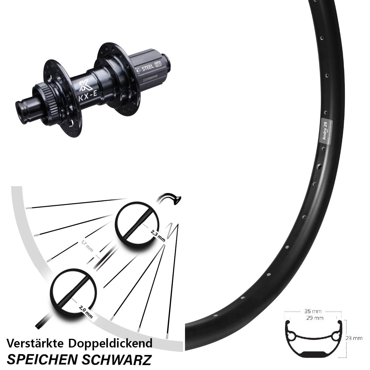 Hinterrad verstärkt KX-E Nabe 12x142 mm Centerlock 8-12 fach Ryde Andra 29 Zoll Steckachse