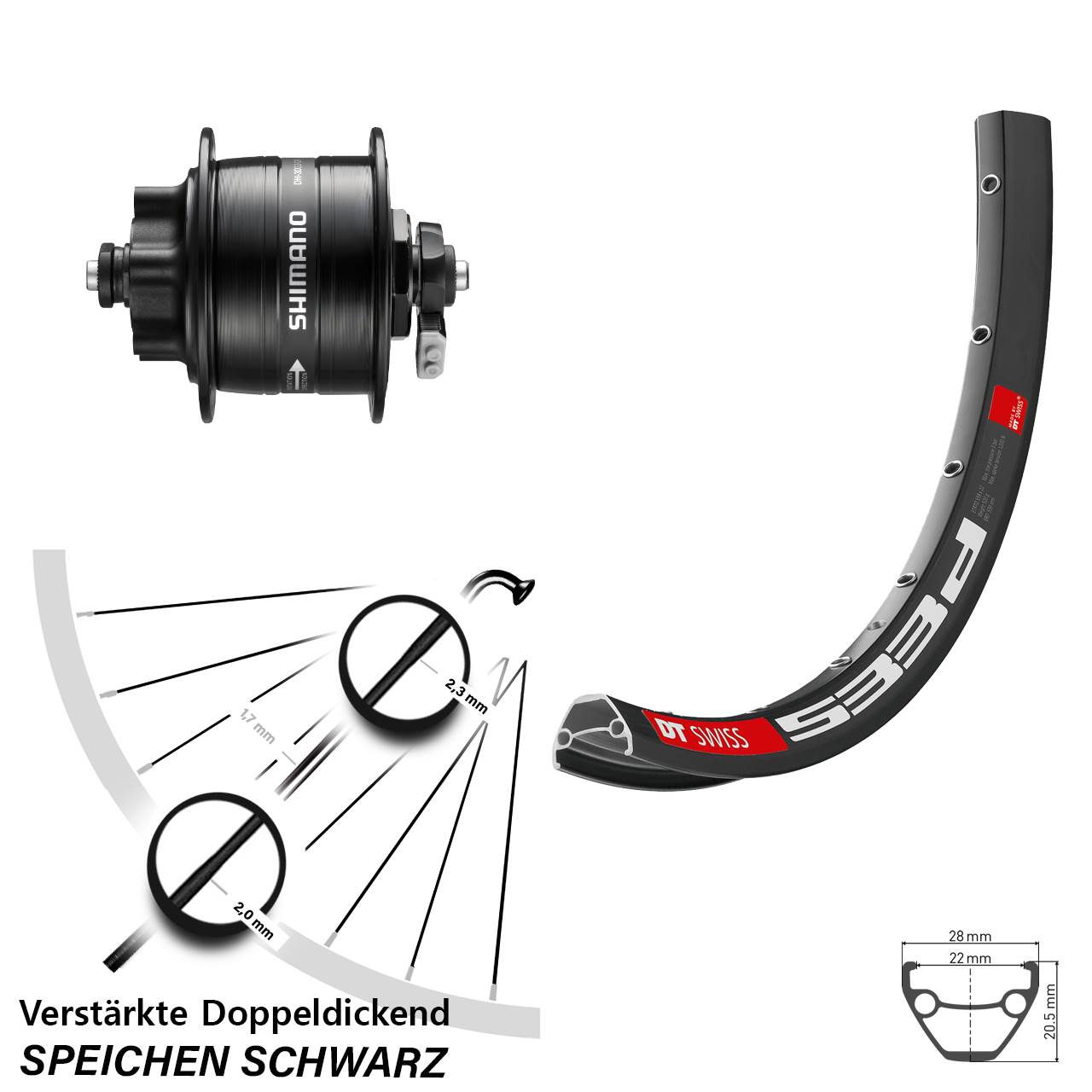 DT Swiss 533d Shimano DH-3D32 27,5 Zoll Nabendynamovorderrad 6-Loch