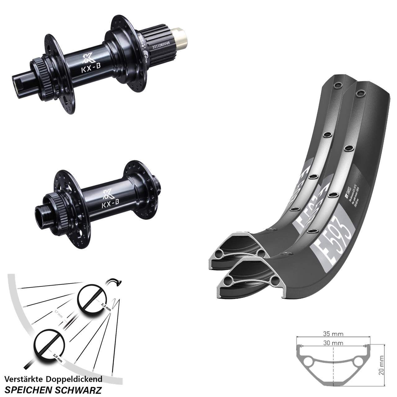 29 Zoll DT Swiss E593 KX-B Disc Laufrad-Satz 15x110 12x148 Micro Spline