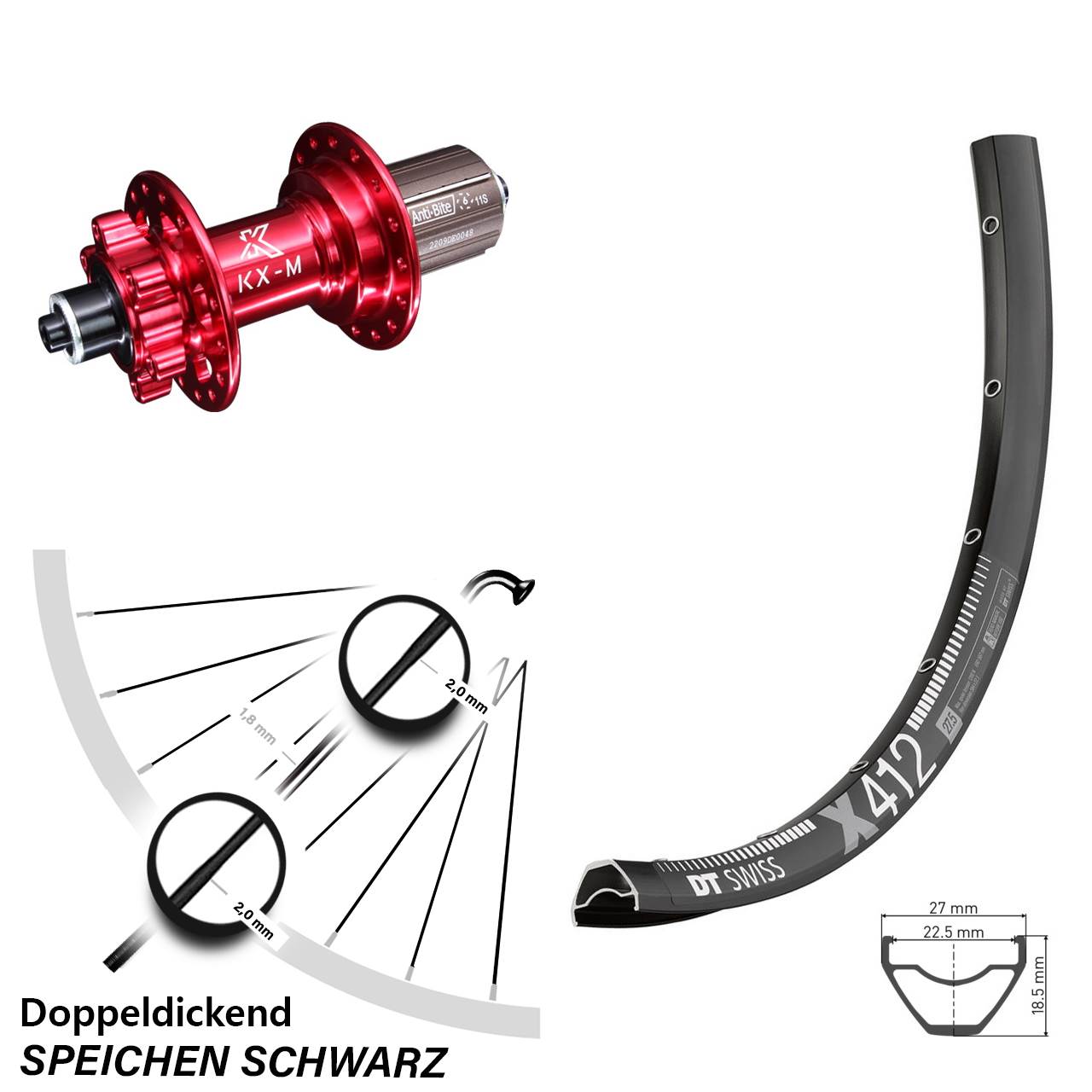 DT Swiss X 412 KX-M rot 28-29 Zoll Hinterrad 6-Loch für Schnellspanner 8-12 fach HG