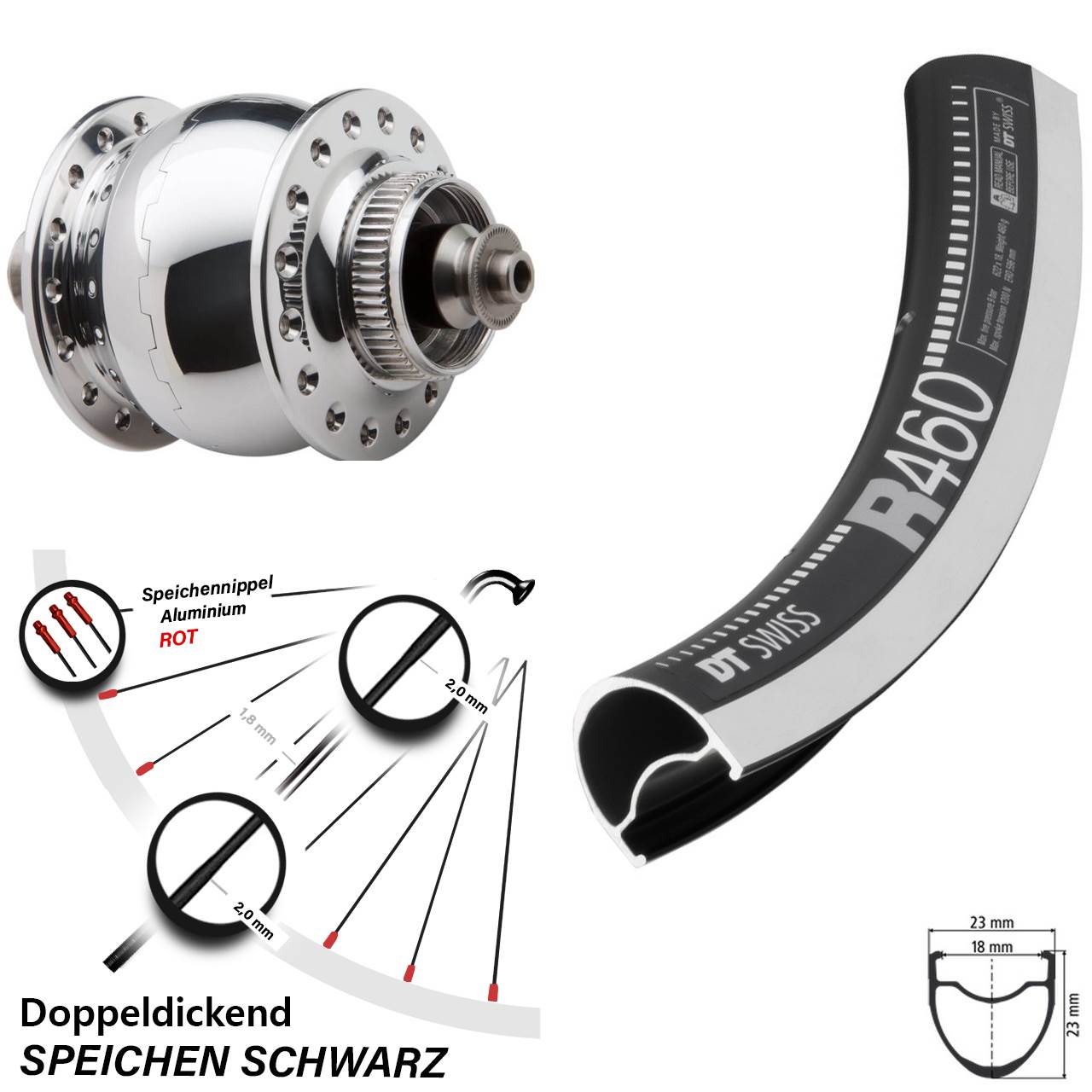 Vorderrad mit Nabendynamo DT Swiss R 460 SON 28 Zoll silber poliert