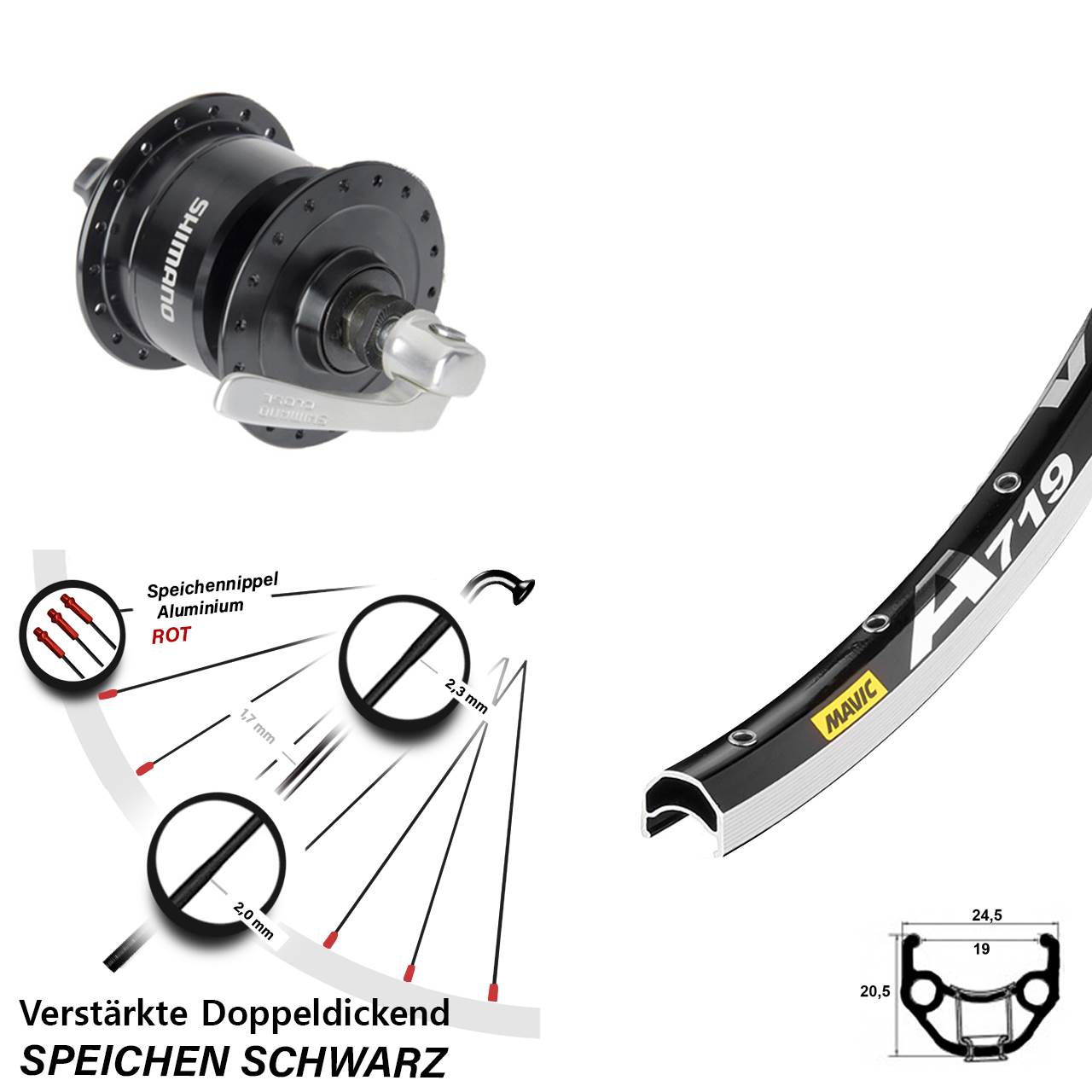 Mavic A 719 Shimano DH-3N72 28 Zoll Nabendynamovorderrad für Schnellspanner