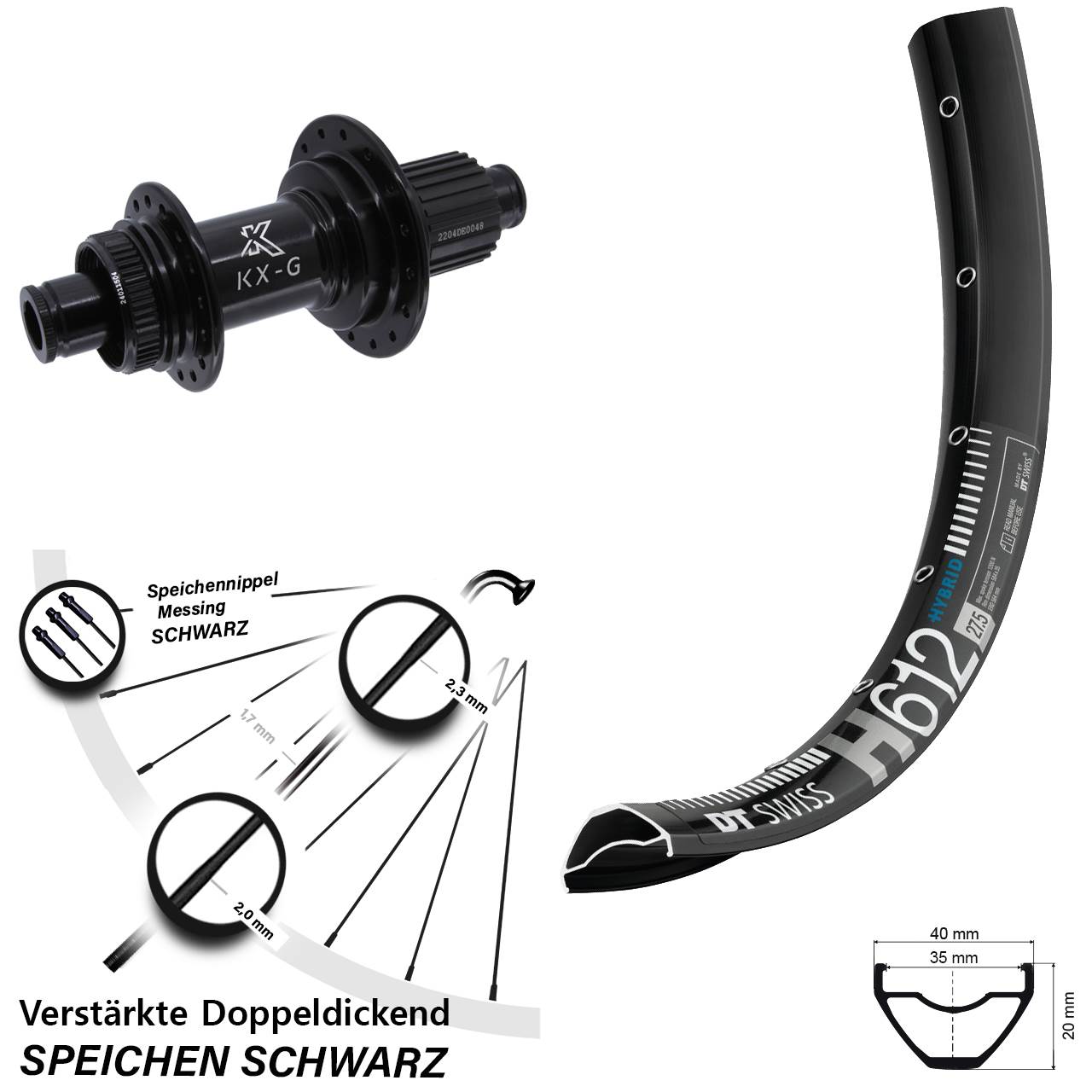 27,5 Zoll DT Swiss H612 KX-GS verstärkt Hinterrad Centerlock 12x142 Shimano Micro Spline