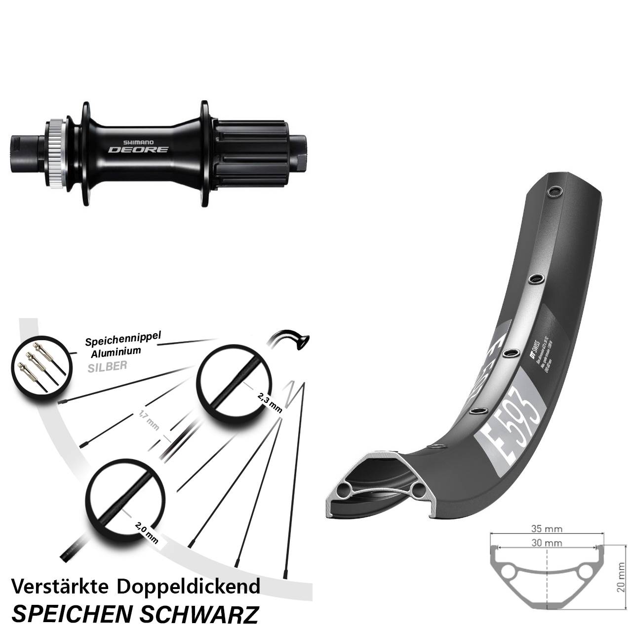 DT Swiss E 593 Shimano Deore 29 Zoll Centerlock Hinterrad 12x148 8-11 fach HG
