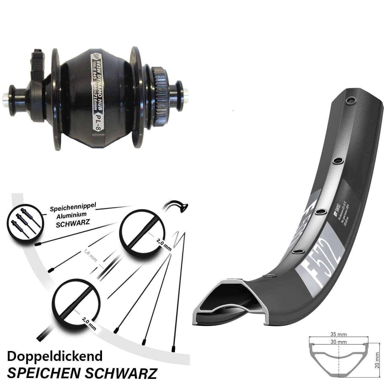 Nabendynamo-Vorderrad 27,5 Zoll DT Swiss F572 Shutter Precision PL-8 5x100 Centerlock