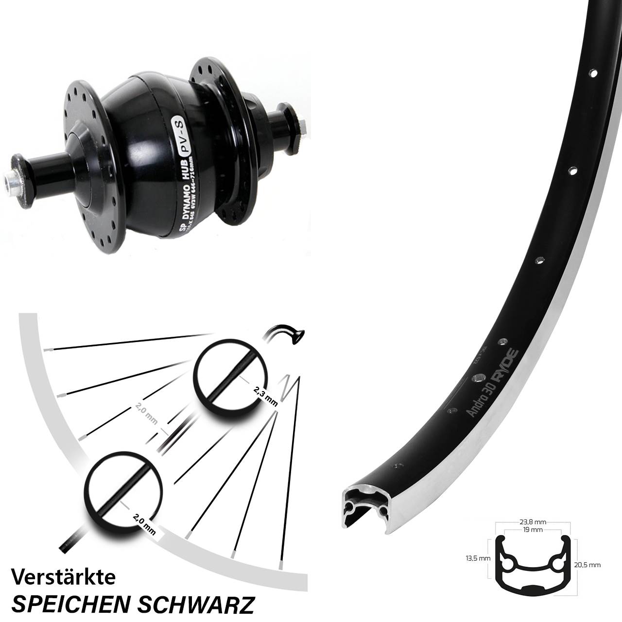 Ryde Andra 30 Shutter Precision PV-8 28 Zoll Vorderrad mit Nabendynamo für Schnellspanner