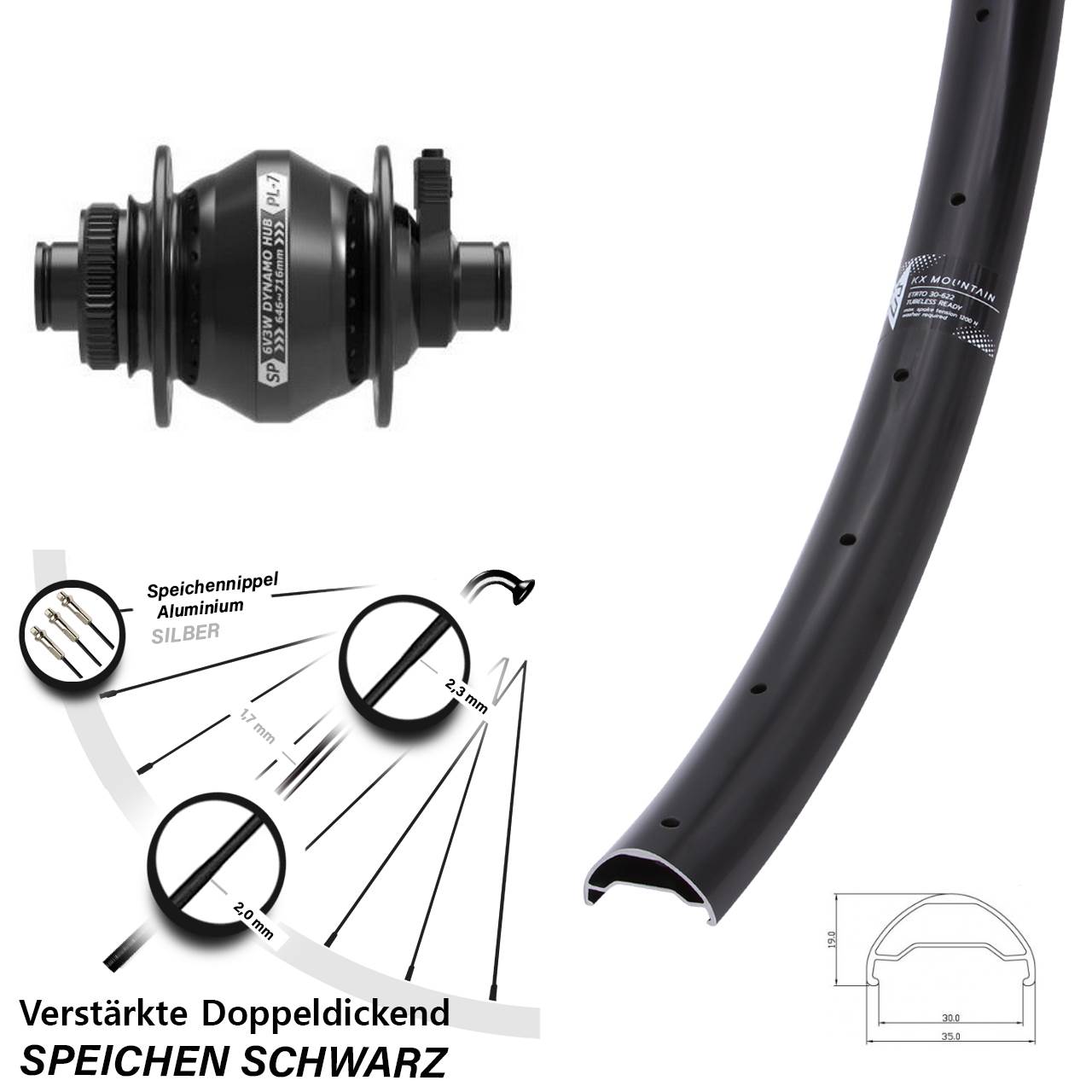 29 Zoll KX Mountain TR Shutter Precision PL-7 Disc Vorderrad mit Nabendynamo 12x100