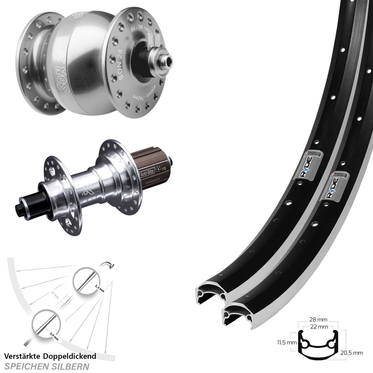 27,5 Zoll Laufradsatz für Schnellspanner Ryde Andra 35 KX-T SON 28 silbern 8-12 fach HG