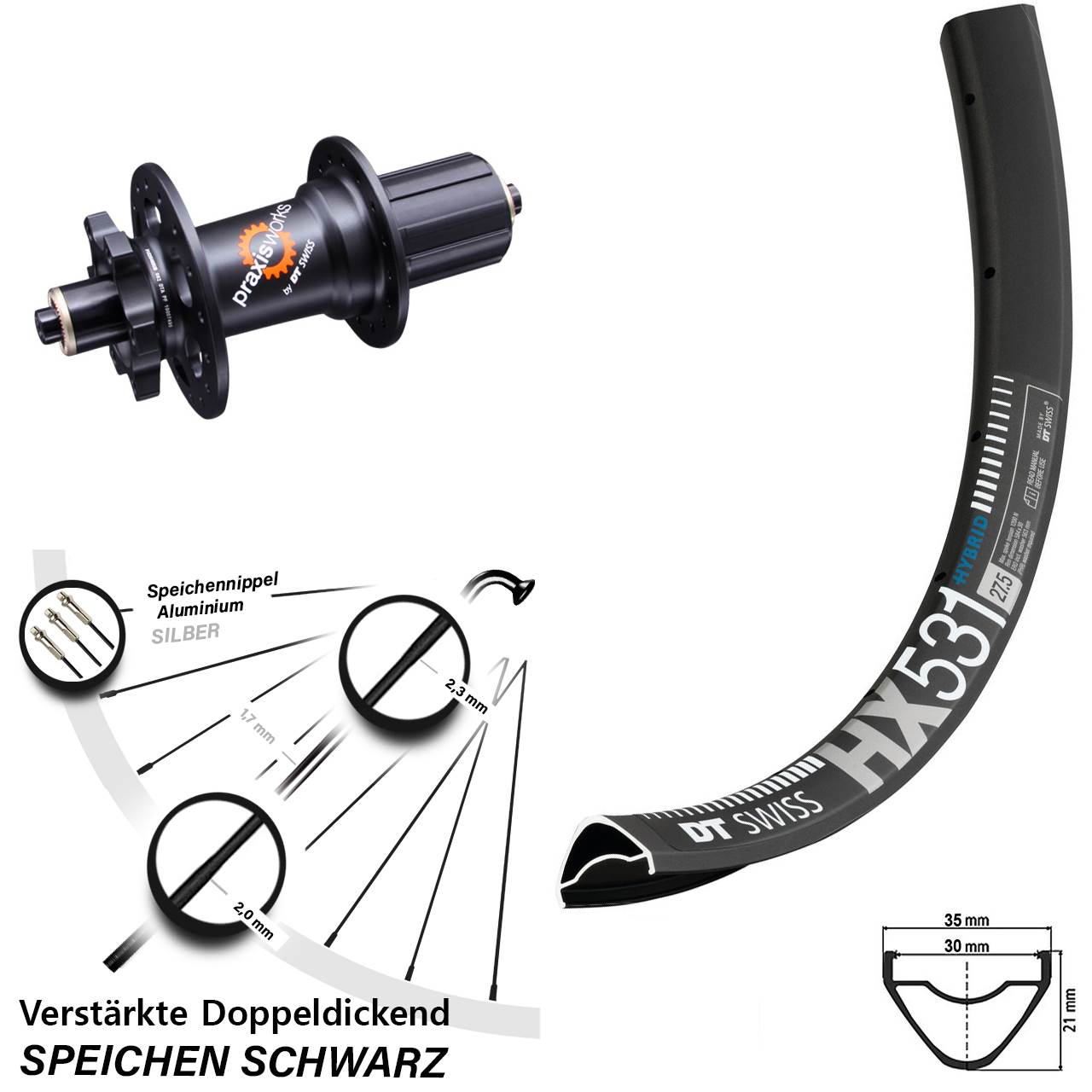 Hinterrad 29 Zoll DT Swiss HX531 350 6-Loch 5x135 HG 8-11 fach QR