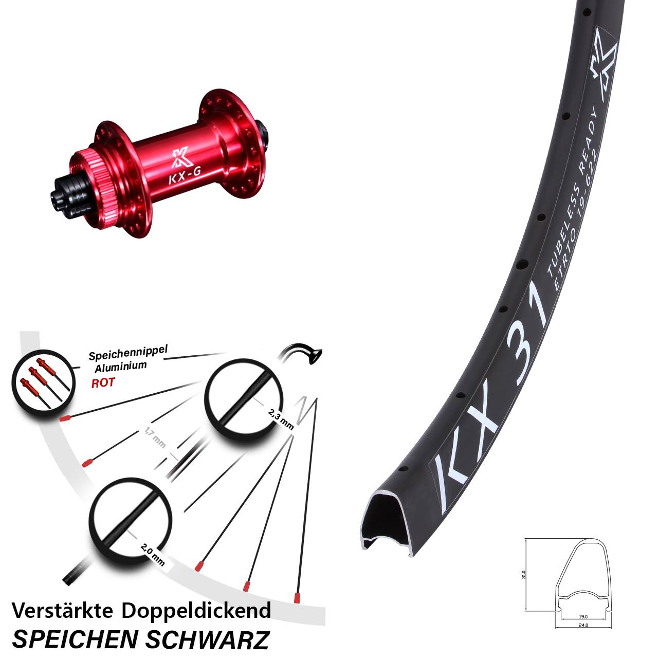 KX 31 Hochprofil rot 28 Zoll Centerlock Vorderrad für Schnellspanner