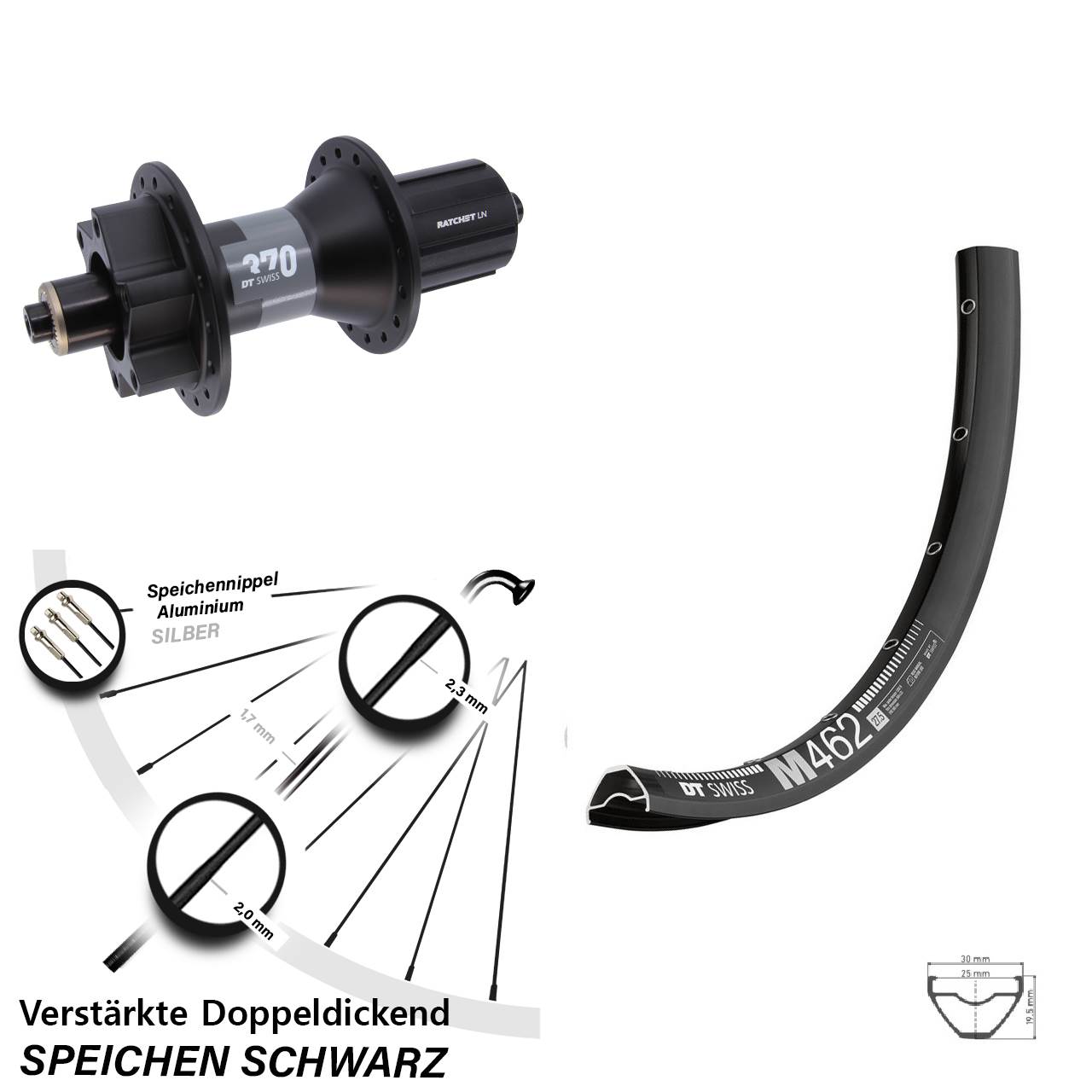 6-Loch 27,5 Zoll Hinterrad für Schnellspanner DT Swiss M 462-370 8-11 fach HG